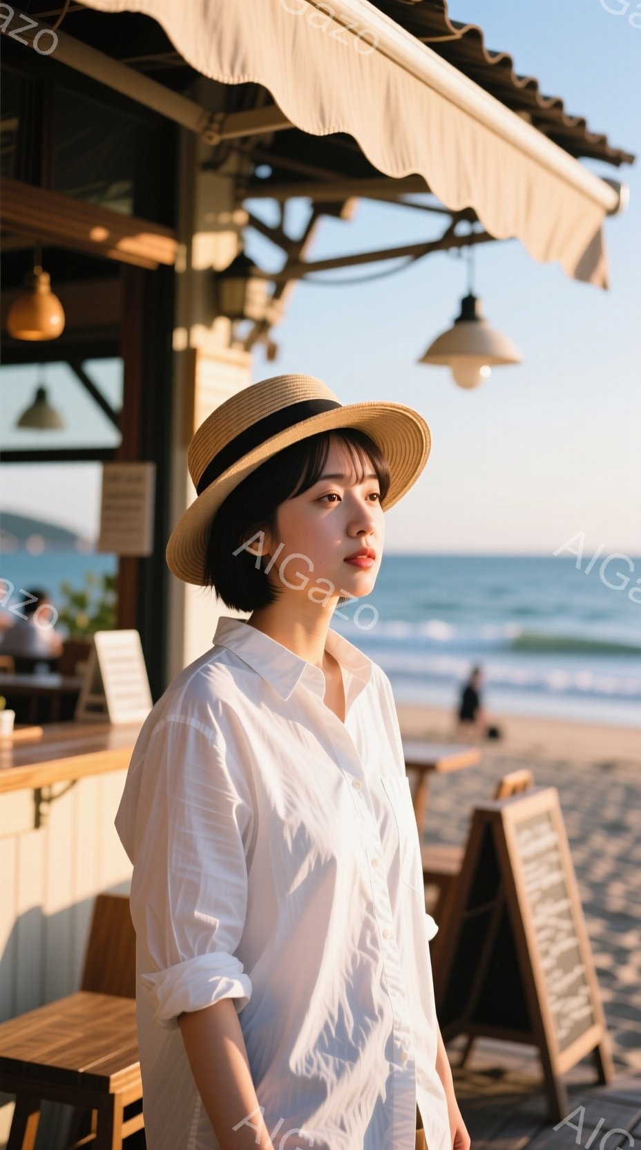 麦わら帽子をかぶり、白いシャツを着た若い女性が、ビーチの近くにあるカフェの前に立っている。彼女は少し上目線で遠くを見つめ、リラックスした雰囲気である。背景には青い海と砂浜が広がり、カフェの木製のテーブルや看板が見える。