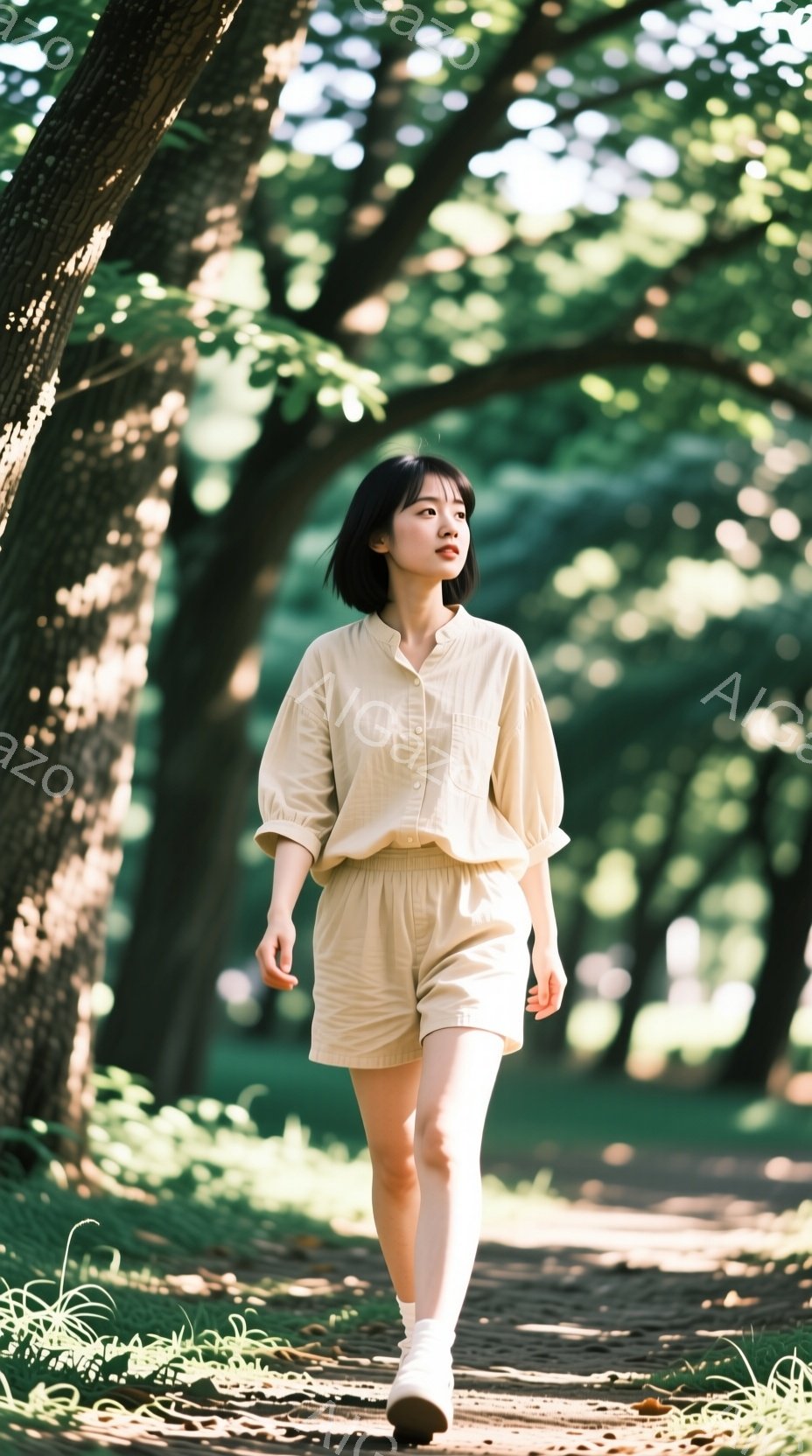 若い女性が、明るい茶色のシャツとショートパンツのセットアップを着て、緑豊かな公園の小道を歩いている。彼女は短いボブヘアで、少し上目線で、穏やかな表情をしている。背景には高い木々が生い茂り、木漏れ日が小道を照らし、穏やかで自然な雰囲気を醸し出している。