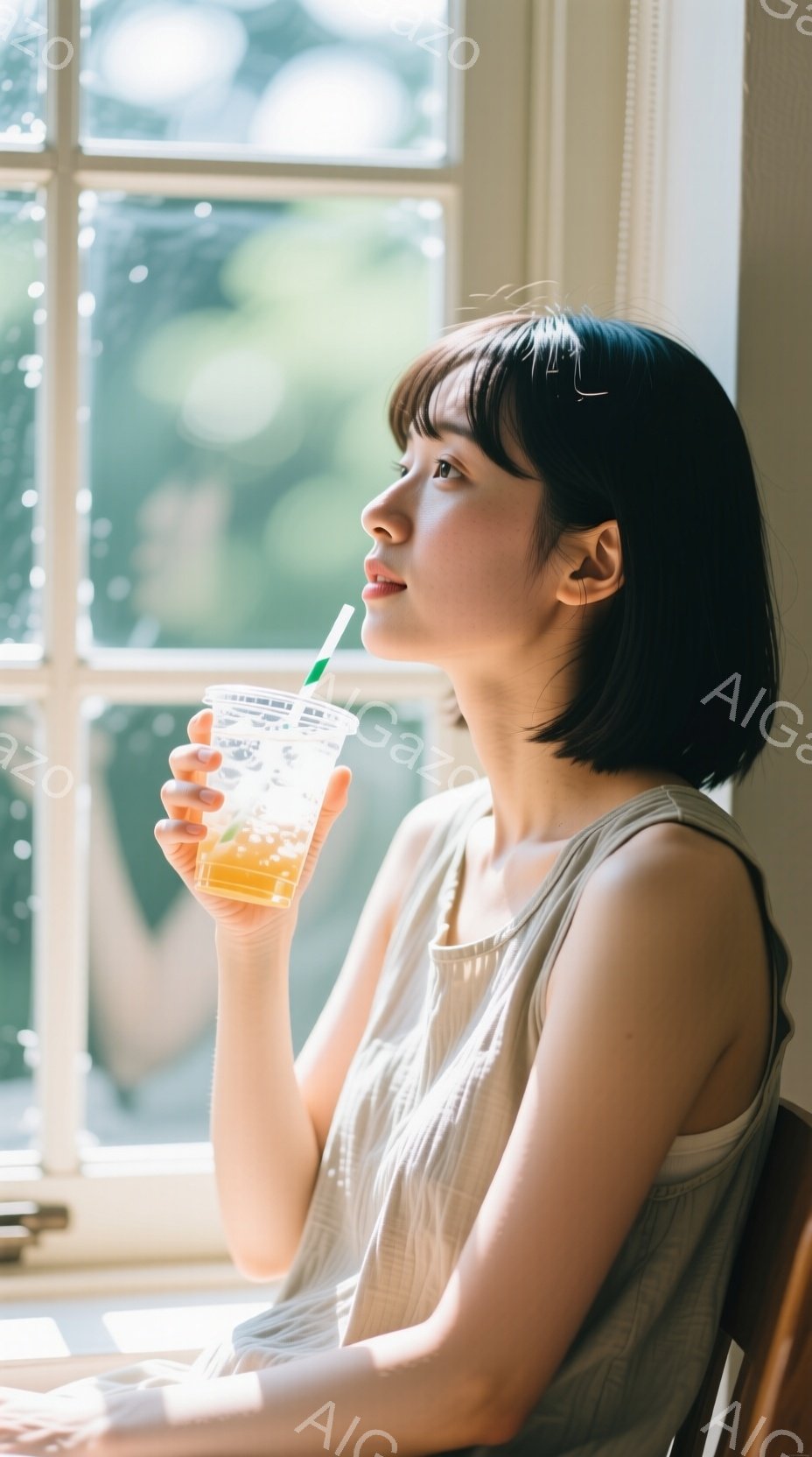 窓辺で飲み物を楽しむ若い女性が写っている。彼女は明るい色のタンクトップを着ており、短く黒いヘアスタイルに整えられている。背景には緑豊かな木々が見え、柔らかな光が差し込み、リラックスした穏やかな雰囲気を醸し出している。