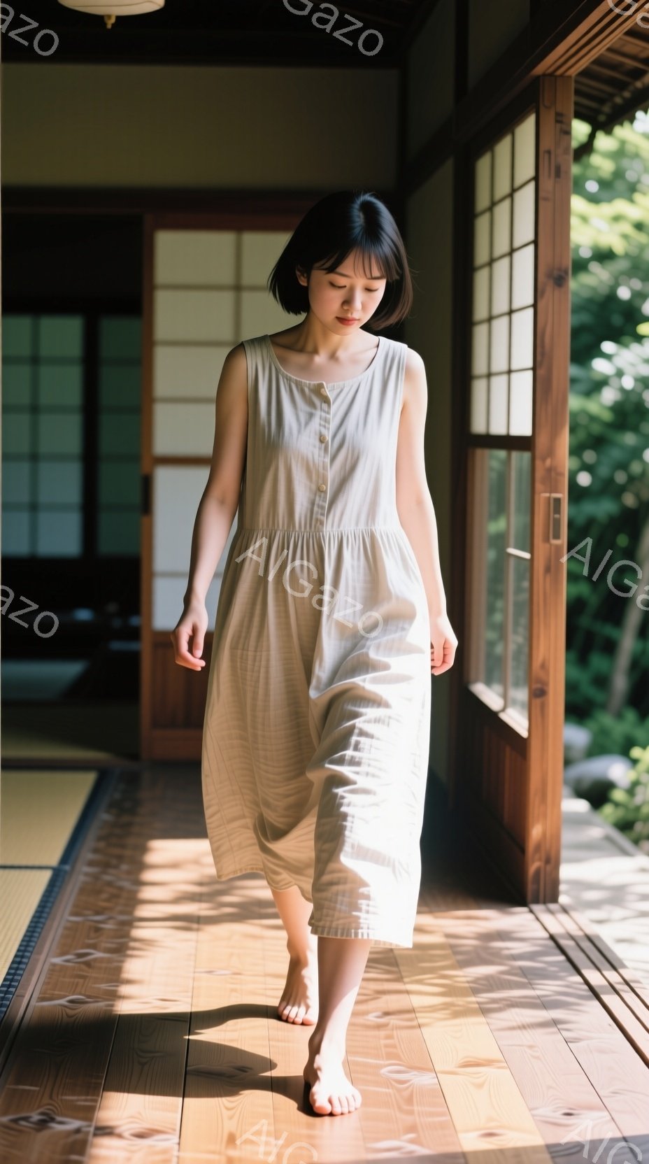 女性はベージュ色のゆったりとしたジャンプスーツを着て、素足で畳の廊下を歩いています。彼女は黒髪を耳にかけるようにまとめ、やや下を向いた表情で、落ち着いた雰囲気を醸し出しています。背景には伝統的な日本の家屋の構造が見え、自然光が差し込み、静かで穏やかな空間を描写しています。