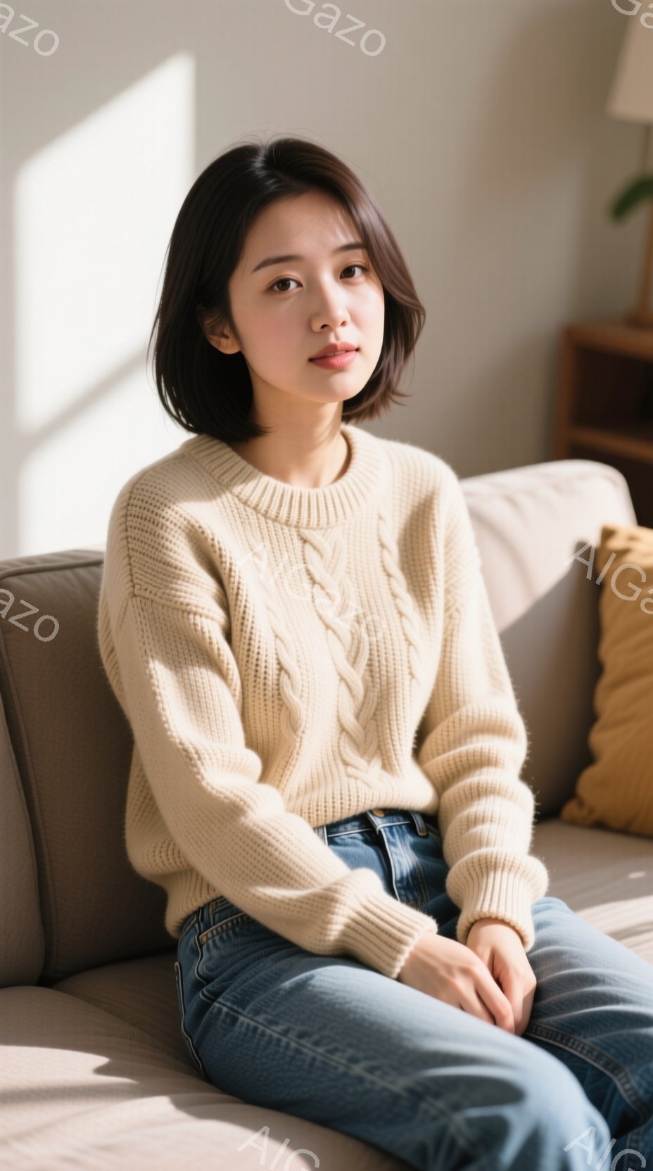 明るい色のニットセーターとデニムパンツを身につけた若い女性が、ベージュ色のソファに座っています。彼女は少し微笑み、リラックスした表情で、姿勢良く座っています。背景は明るくシンプルなリビングルームで、自然光が差し込んでおり、穏やかで温かい雰囲気が漂っています。