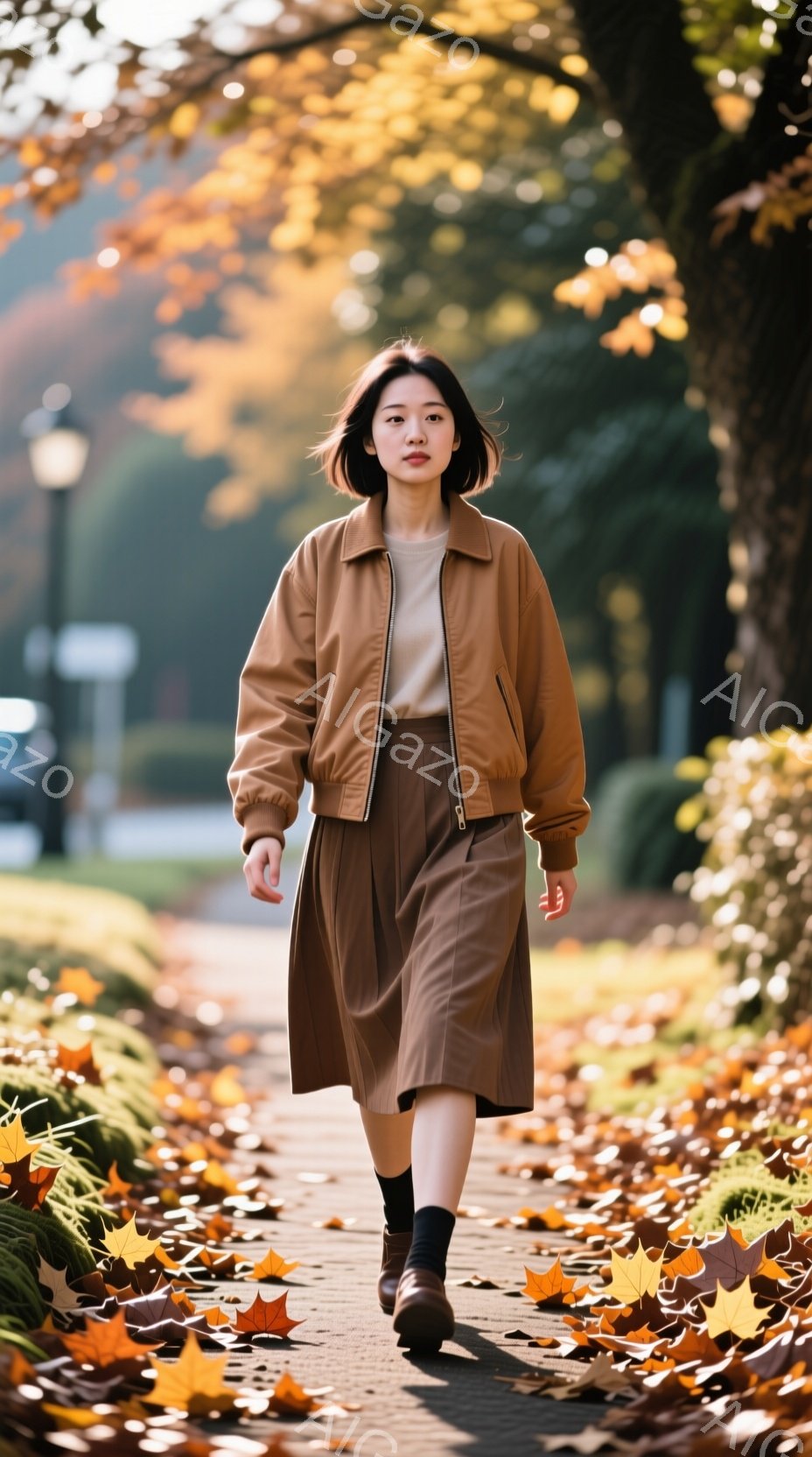 画像には、茶色のジャケットとスカートを身につけた若い女性が歩いている様子が写っている。彼女は黒い靴下と革靴を履き、短い茶色の髪で、表情は穏やかで少し微笑んでいるように見える。背景には、落ち葉で覆われた遊歩道と、秋の色彩に染まった木々が広がり、穏やかで暖かい秋の日の雰囲気を醸し出している。