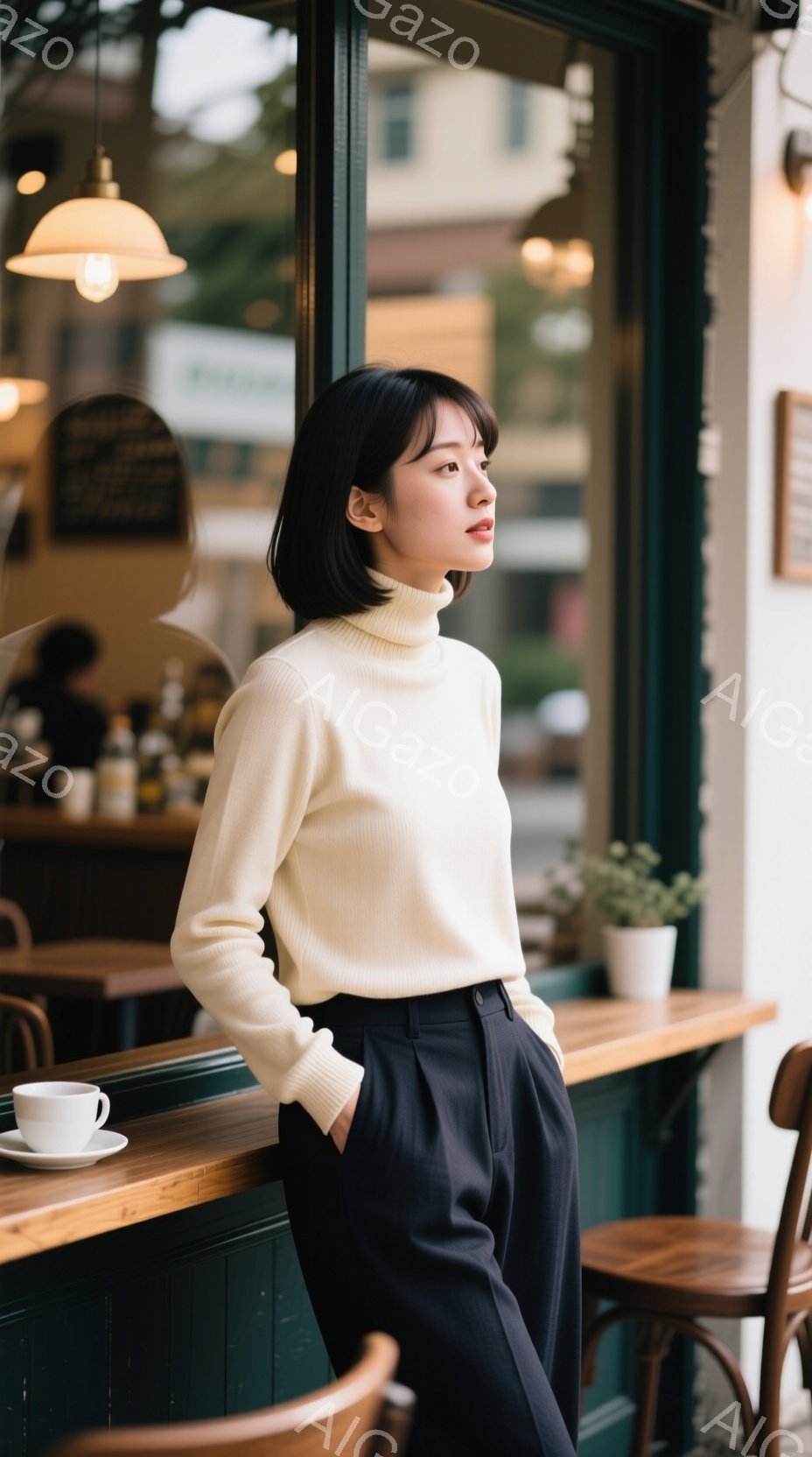 柔らかいクリーム色のタートルネックセーターと、ハイウエストのストレートパンツを身に着けた女性が、窓際に立って外を見つめている。彼女は軽く前かがみになり、片手をズボンのポケットに入れている様子から、リラックスした雰囲気が伝わる。背景にはカフェの店内と窓の外の建物が見え、落ち着いた色調と光が、穏やかで日常的な雰囲気を醸し出している。