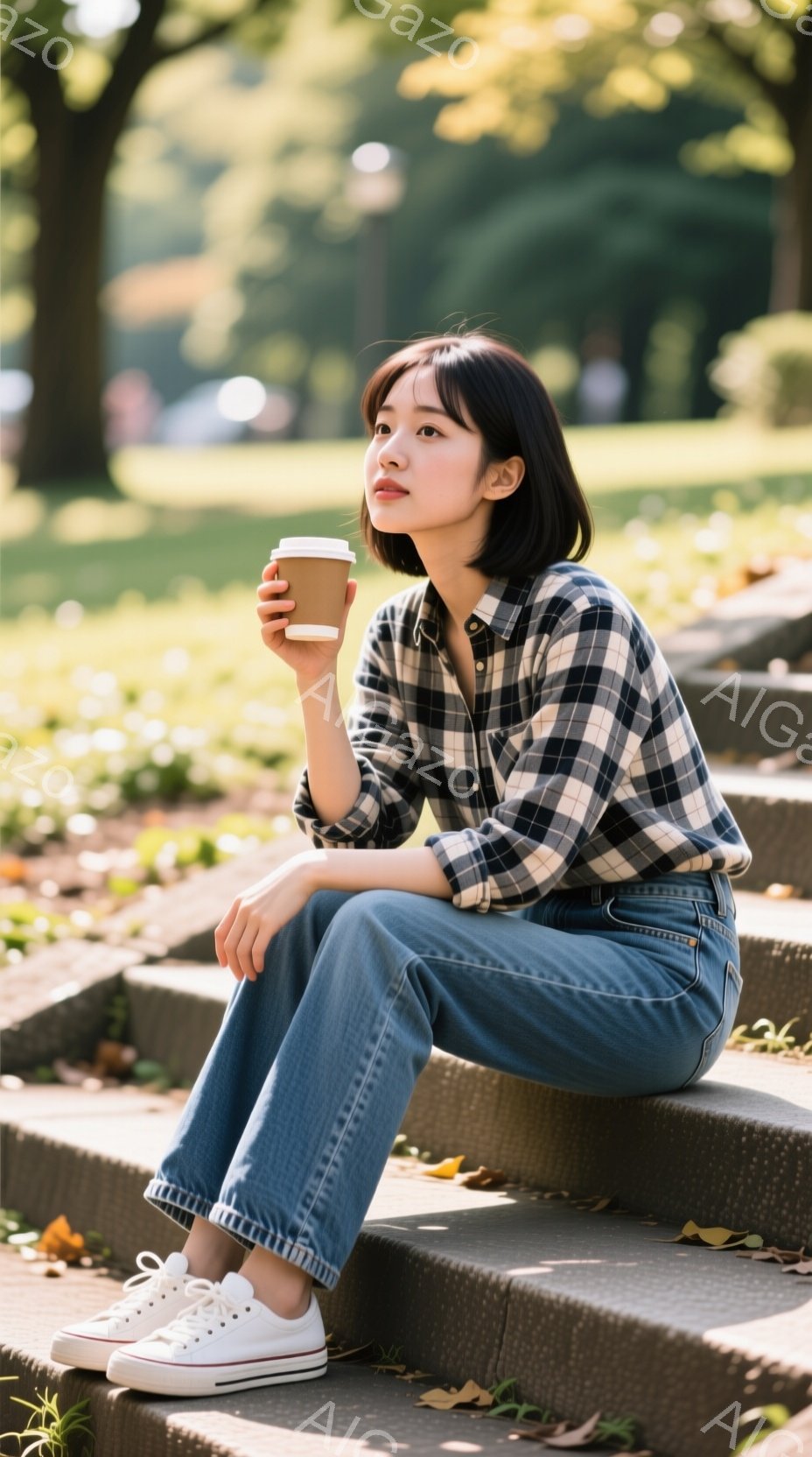 若い女性がコンクリートの階段に座り、紙コップに入った飲み物を手にしています。彼女はチェック柄のシャツとデニムのズボンを着用し、白いスニーカーを履いています。背景には緑豊かな木々が広がり、穏やかな秋の日の光が差し込んでいます。