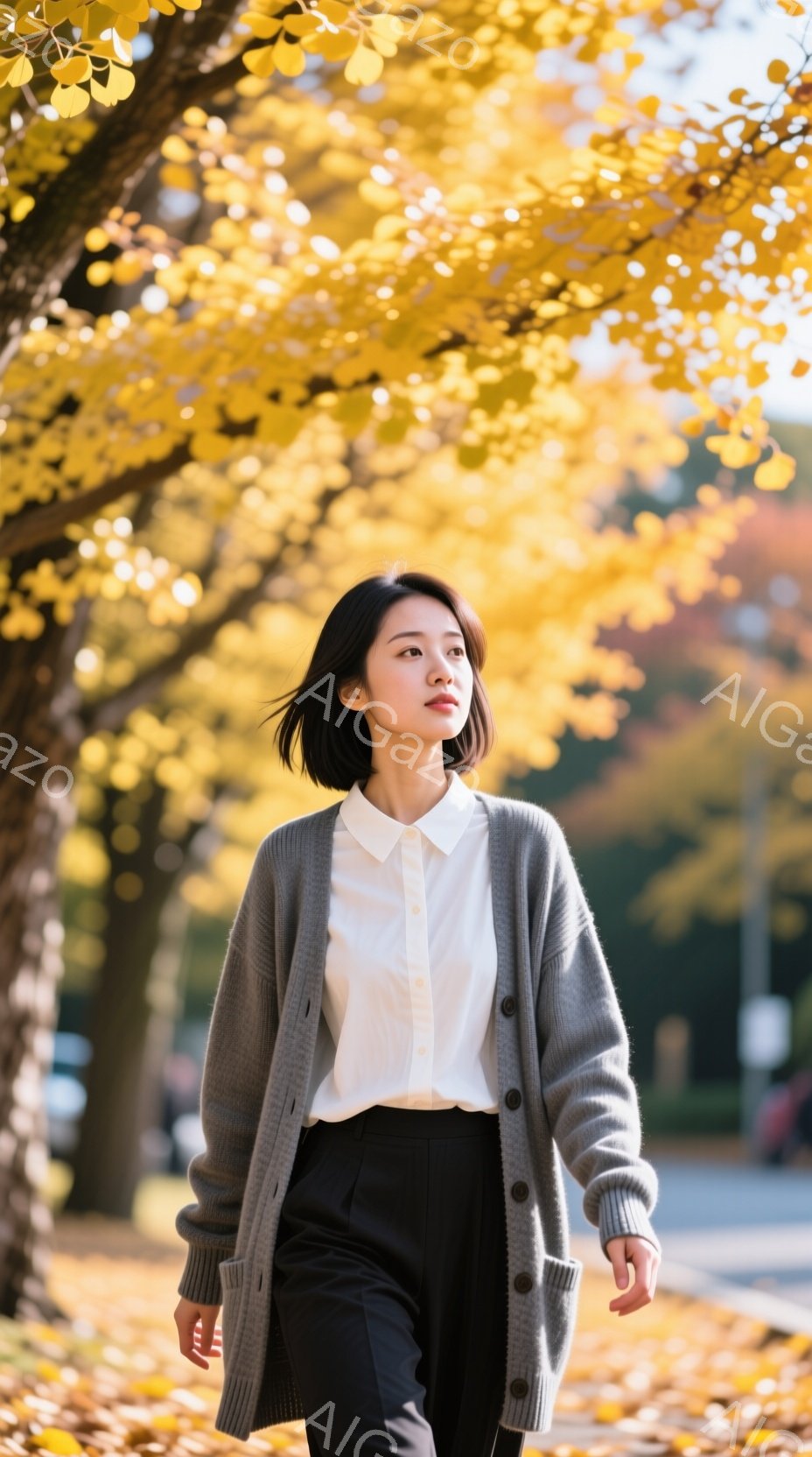 画像には、短い黒髪の女性が、白いシャツとグレーのカーディガン、黒いズボンを着用して立っています。彼女はわずかに横を向き、少し微笑んでいるように見え、リラックスした姿勢で歩いているようです。背景には、鮮 - AI生成フリー素材