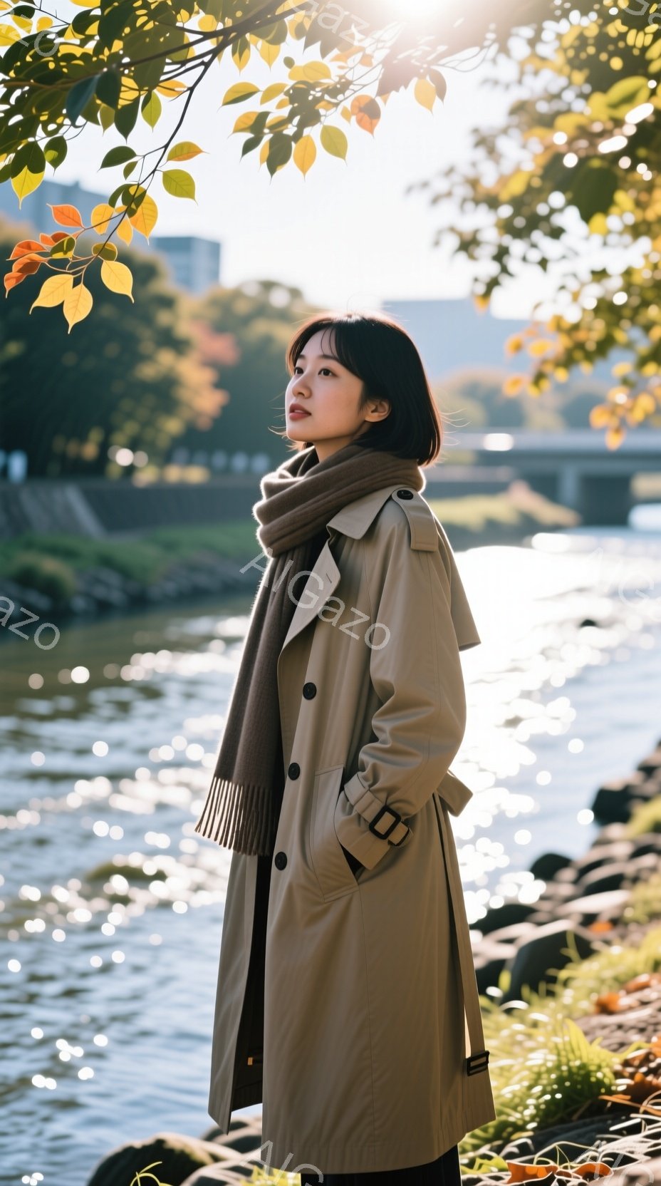 ベージュのトレンチコートを羽織り、首にカシミヤのようなスカーフを巻いた若い女性が写っています。彼女は少し横を向き、遠くを見つめており、表情は穏やかで思慮深いです。背景には穏やかな川と、秋の落ち葉、そし - AI生成フリー素材