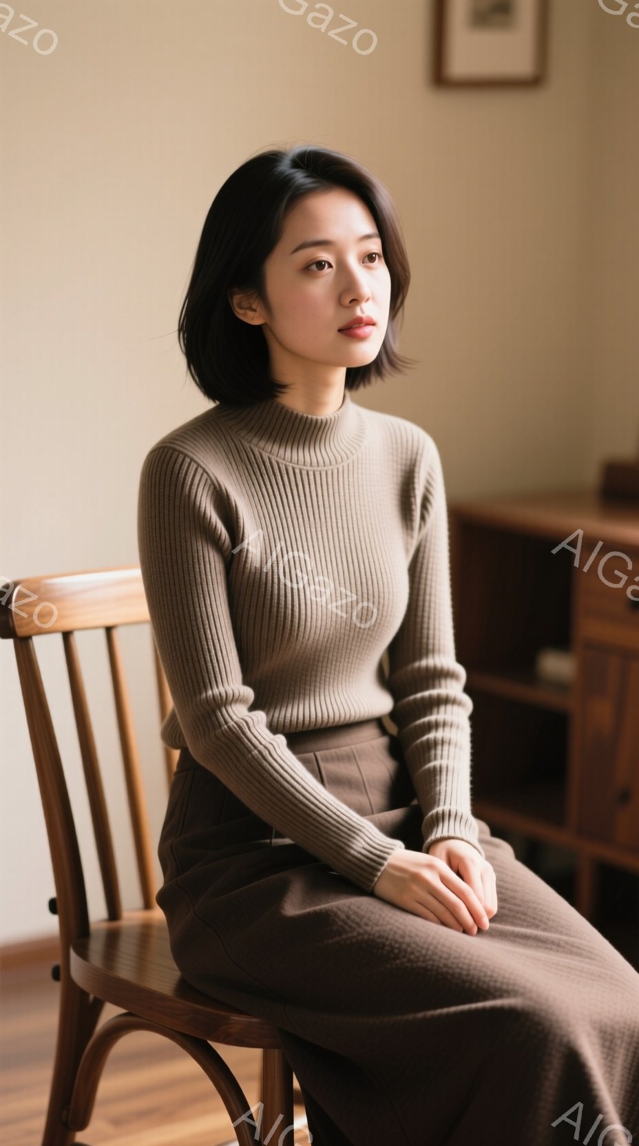 彼女はベージュ色のリブニットと茶色のパンツを身につけ、木の椅子に座っています。少し微笑んでいて、横を向いて何かを考えているような表情です。背景は木製の家具が並んだシンプルな部屋で、温かく落ち着いた雰囲気が漂っています。