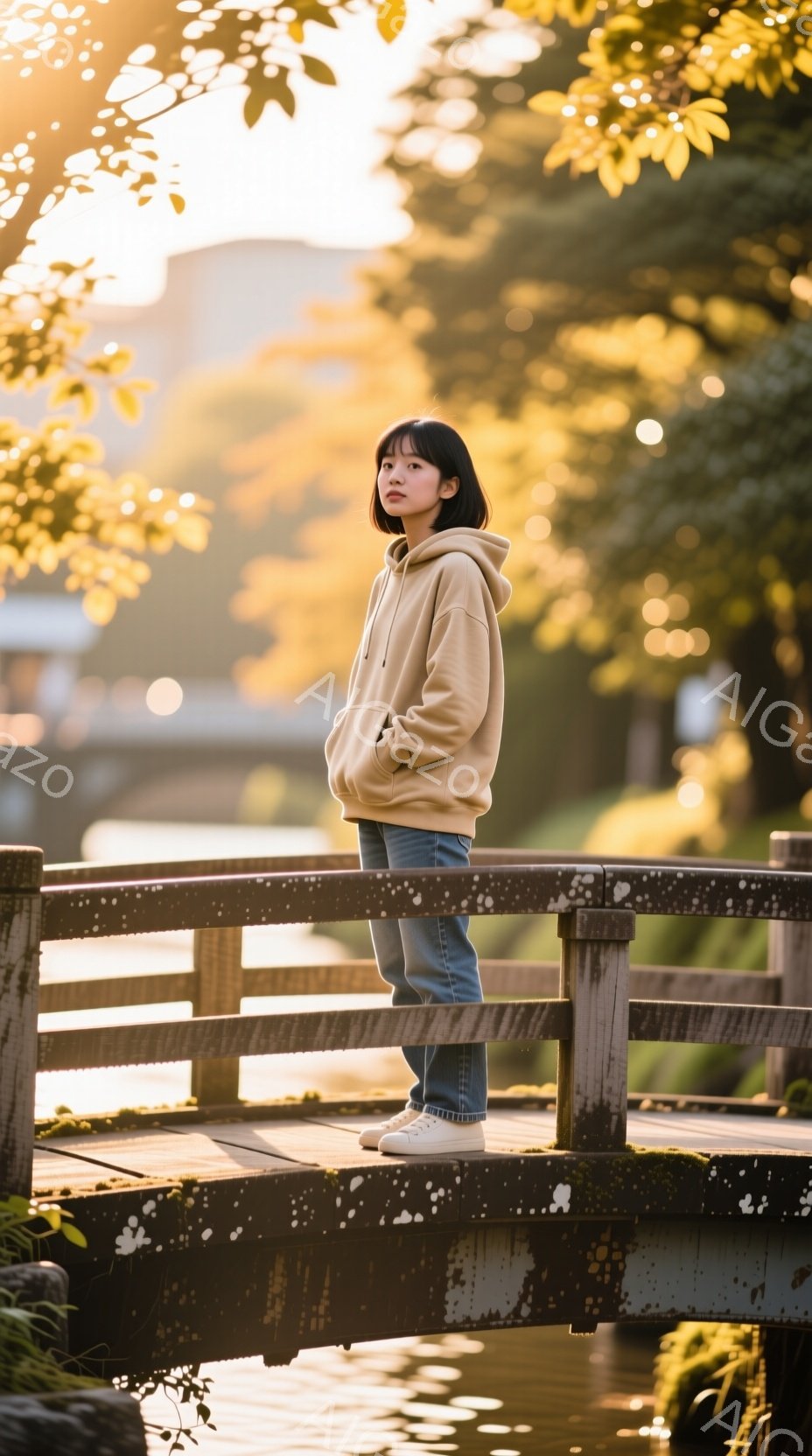 若い女性が古い木製の橋の上に立っている。ベージュ色のパーカーとジーンズを身につけ、白いスニーカーを履いている。背景には緑豊かな木々と水面が広がり、夕暮れ時の柔らかい光が差し込んでいる。