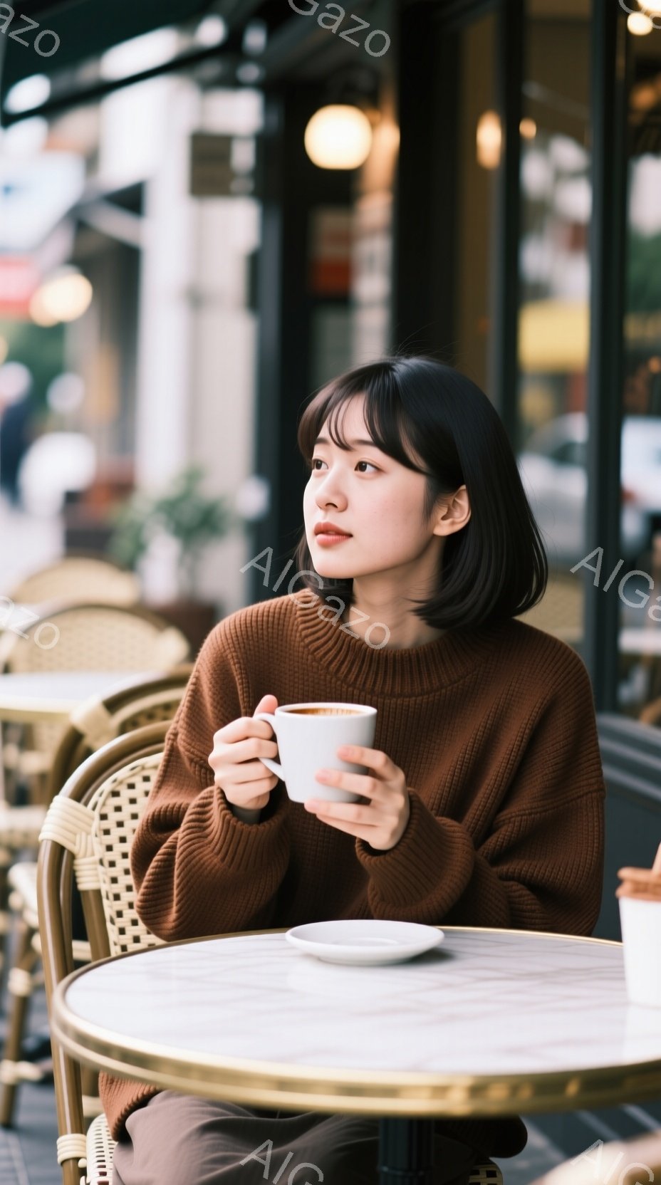 画像には、カフェのテラス席に座る若い女性が写っています。彼女は茶色のセーターと濃いスカートを身につけ、前髪の短いダークブラウンのヘアスタイルで、どこかを見つめるような表情をしています。背景には、石畳の道とカフェの入り口が見え、穏やかな日差しの中でくつろいだ雰囲気が漂っています。