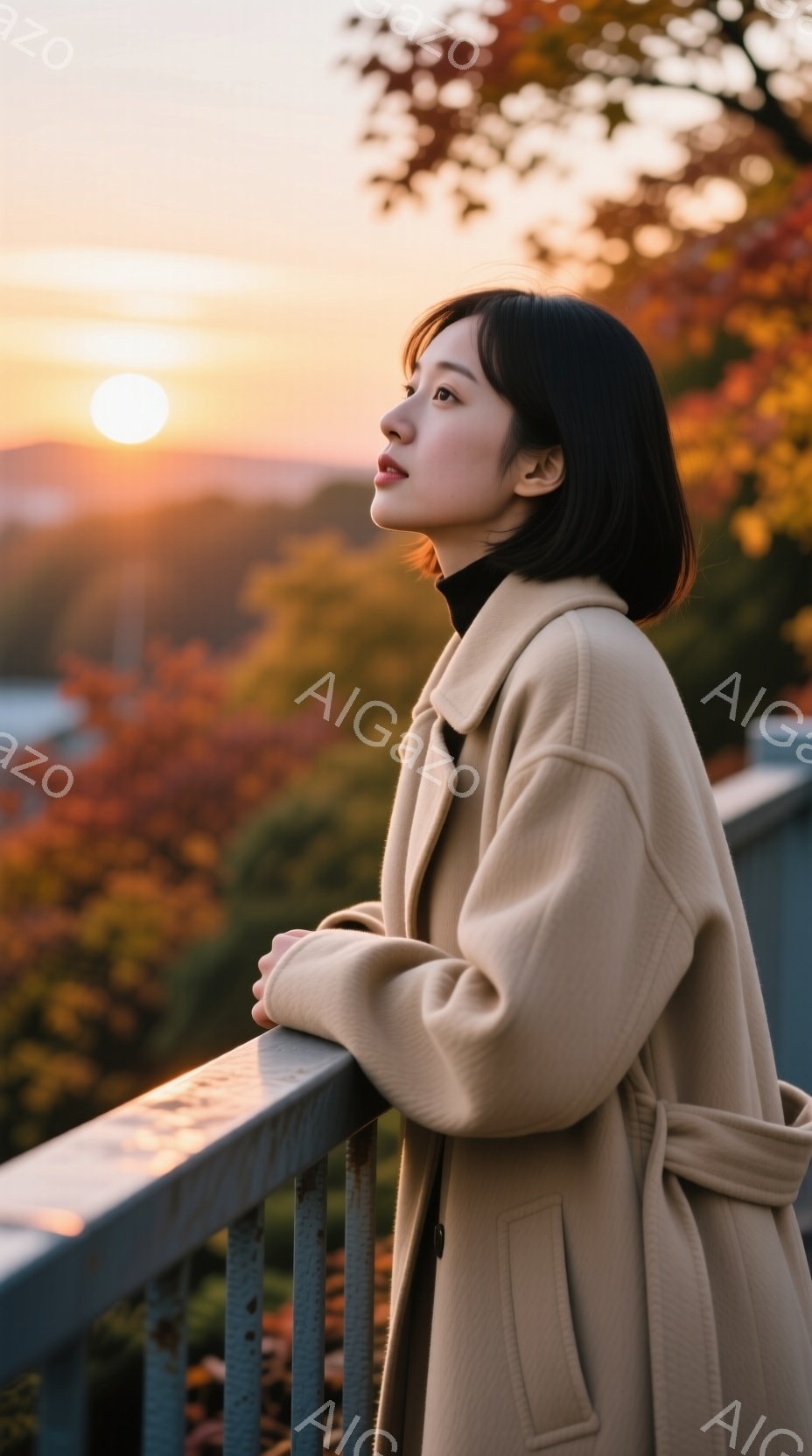 若い女性がベージュ色のオーバーサイズのコートを着て、欄干に寄りかかっています。彼女は黒髪のショートボブで、顔は少し上を向き、穏やかな表情をしています。背景には、夕焼けに照らされた紅葉の木々と、ぼやけた都市の風景が広がっており、暖かく、物憂げな雰囲気を醸し出しています。