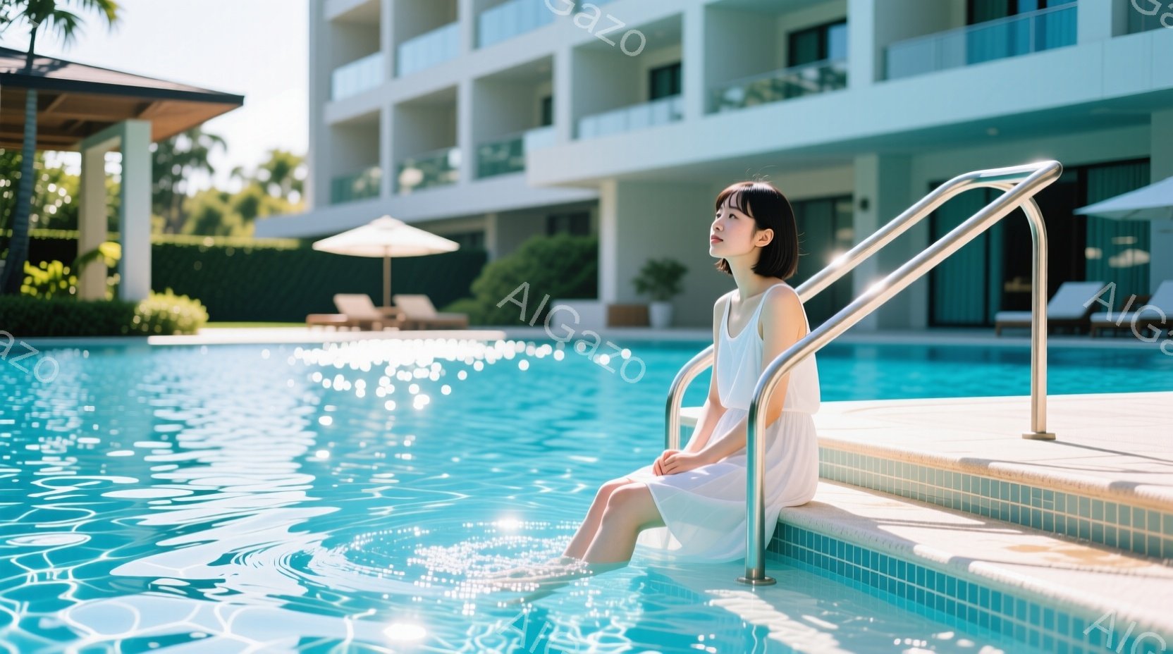 プールサイドの階段に座る若い女性が写っています。白いワンピースを着ており、黒髪を肩まで伸ばしたヘアスタイルです。彼女はリラックスした表情で遠くを見つめており、足は水に浸かっています。