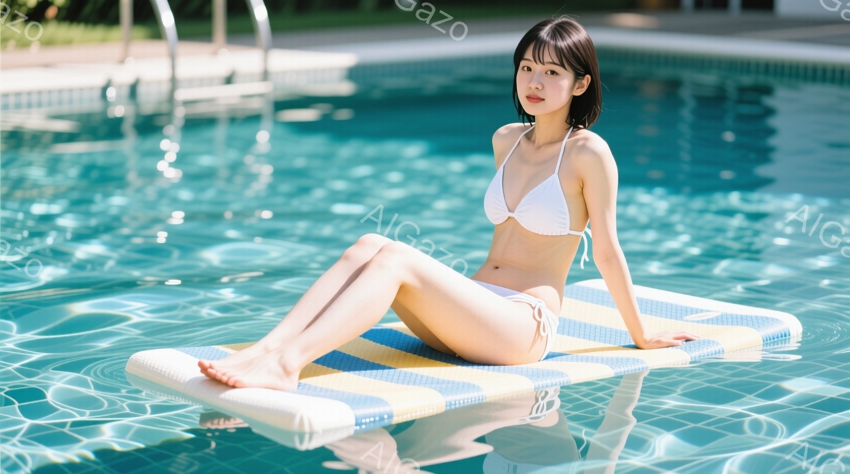 少女は水色のタイルが敷かれたプールの浮き輪の上に座っています。白いビキニを着ており、黒髪を肩まで伸ばしたストレートヘアです。背景は青い水面と、ぼやけた緑の木々で、晴れた日の穏やかな雰囲気を伝えています。
