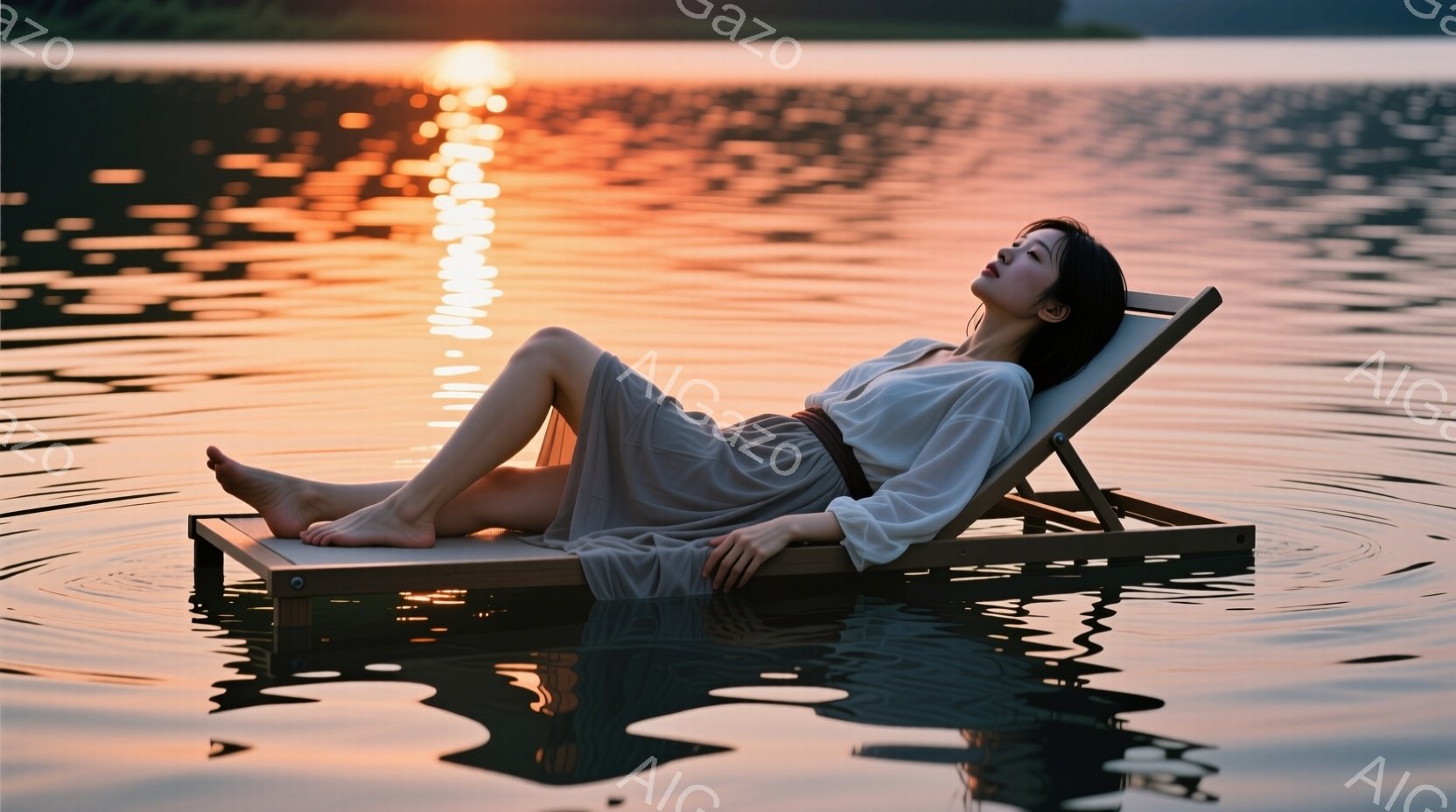長い黒髪を後ろでまとめ、薄い灰色のゆったりとしたドレスを着た女性が、水面に浮かぶリクライニングチェアに横たわっている。彼女は目を閉じ、リラックスした表情で、穏やかな夕焼けの光を浴びている。背景には、夕焼けに照らされた水面が広がり、穏やかで平和な雰囲気を醸し出している。