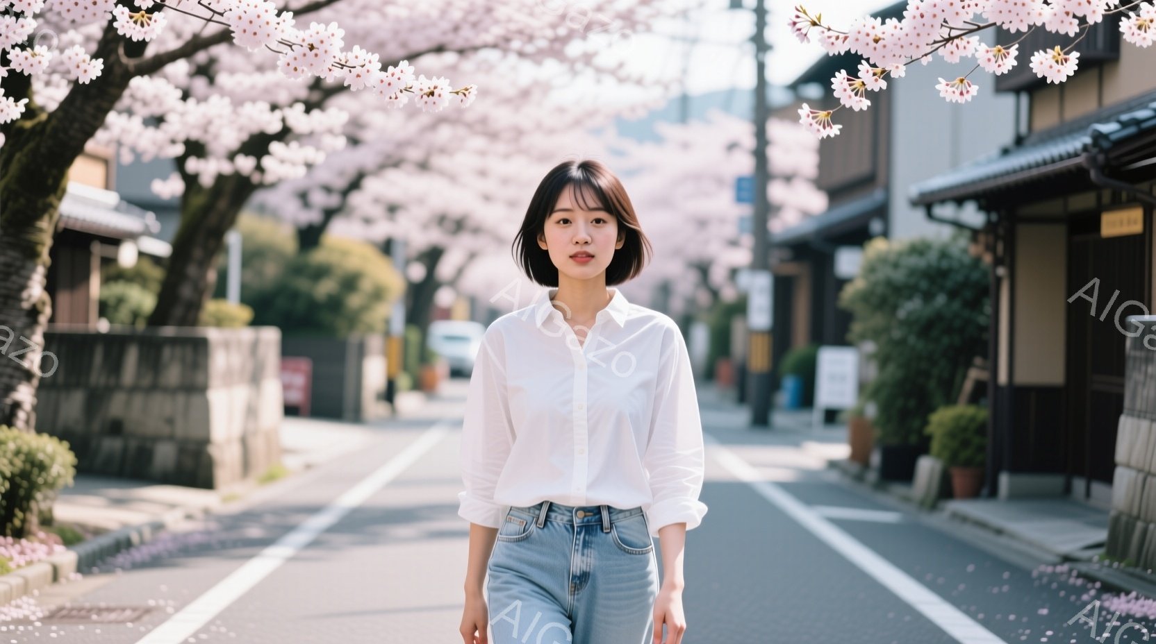 白いシャツと水色のジーンズを着た若い女性が、石畳の道を進んでいます。彼女はストレートの黒髪で、リラックスした表情をしています。背景には伝統的な日本の家並みと、満開の桜並木が広がっており、春の穏やかな雰囲気が漂っています。