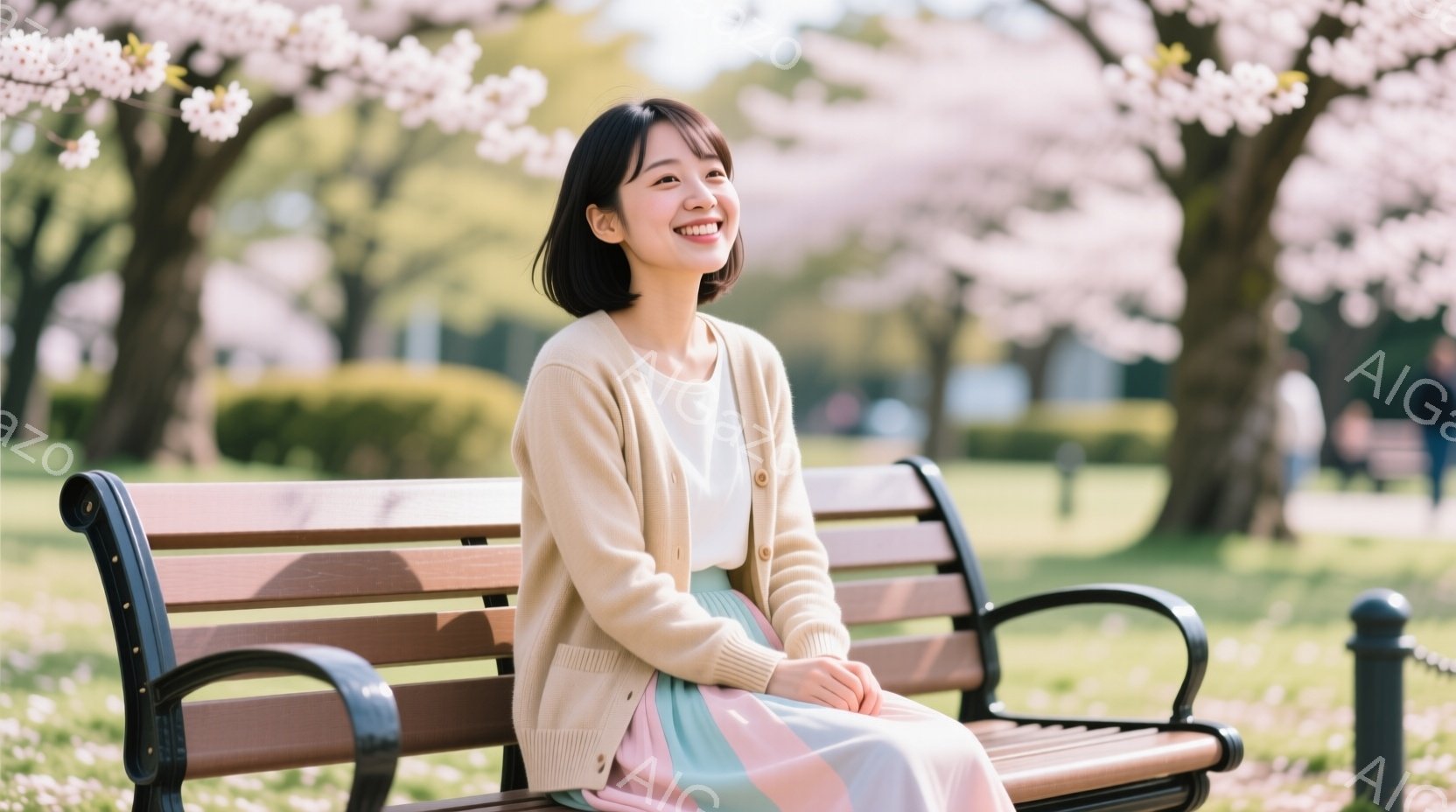 明るい笑顔を浮かべた若い女性が、公園のベンチに座っています。ベージュ色のカーディガンに、パステルカラーのストライプのスカートを合わせ、髪は短くカットされています。背景には桜並木が広がり、春の穏やかな日差しの中で、リラックスした雰囲気が漂っています。