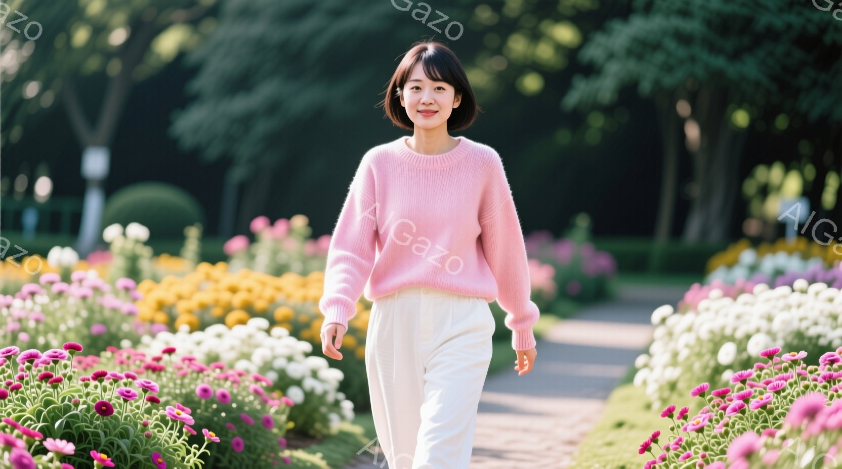 ピンク色のセーターと白いズボンを身につけた女性が、花壇の中を正面を見て歩いている。彼女は黒髪で、穏やかな笑顔を浮かべており、リラックスした雰囲気を醸し出している。背景には様々な色の花が咲き乱れ、緑豊かな木々が生い茂っており、晴れた日の穏やかな風景が広がっている。