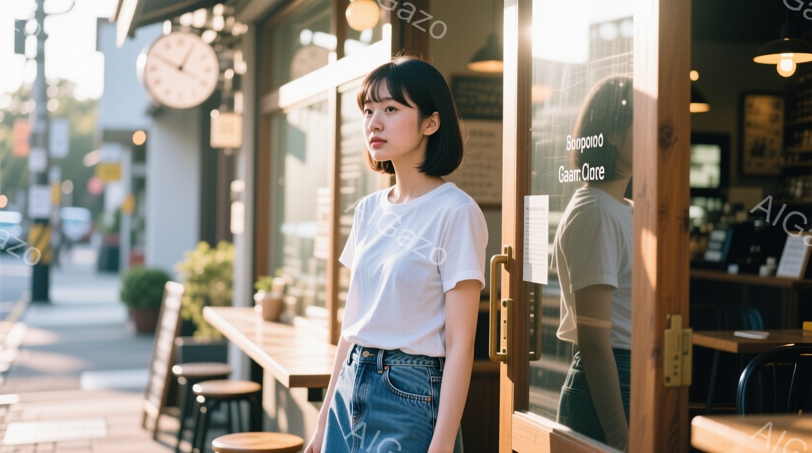 若い女性がカフェのガラス張りの入り口のそばに立っており、白いTシャツと水色のジーンズを着用しています。彼女は短いボブヘアで、やや横顔で少し憂いを帯びた表情をしています。背景には、カフェのテーブルや椅子、そして日当たりの良い通りの風景が見え、全体的に穏やかでノスタルジックな雰囲気が漂っています。