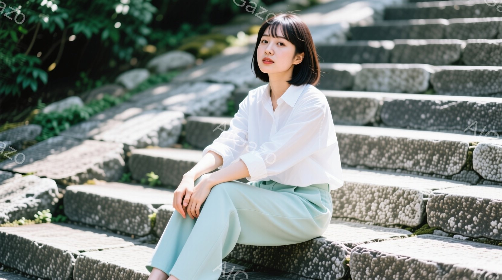 ショートヘアの女性が、石段に座ってこちらを見ています。白いシャツと水色のパンツを着用しており、表情は穏やかで少し微笑んでいます。背景は緑豊かな自然で、石段の隙間には苔が生え、静かで落ち着いた雰囲気が漂 - AI生成フリー素材