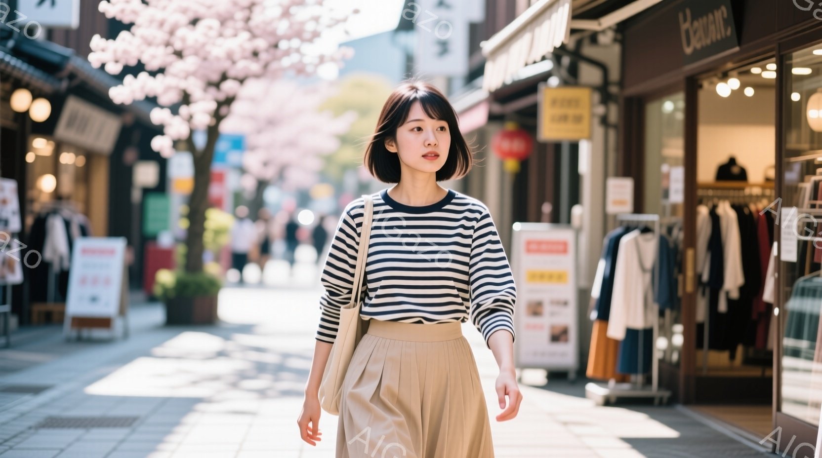 画像には、ストライプの長袖シャツとベージュのプリーツスカートを着用した若い女性が写っています。彼女は少し微笑んでおり、街の通りを歩いていて、リラックスした雰囲気です。背景には、お店が並び、桜の木が咲き誇り、春の穏やかな晴天の様子が伺えます。