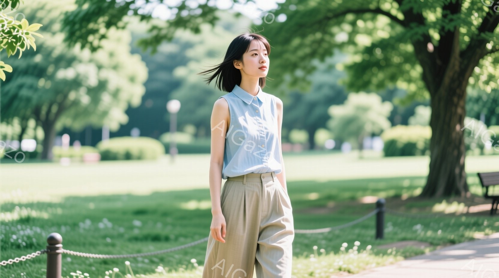 若い女性が公園を歩いている様子が写っている。彼女は水色のシャツにベージュのワイドパンツを着用し、髪は肩までの長さで、少し内側にカールしている。背景には緑豊かな芝生と木々が広がり、晴れた日の穏やかな雰囲気が感じられる。