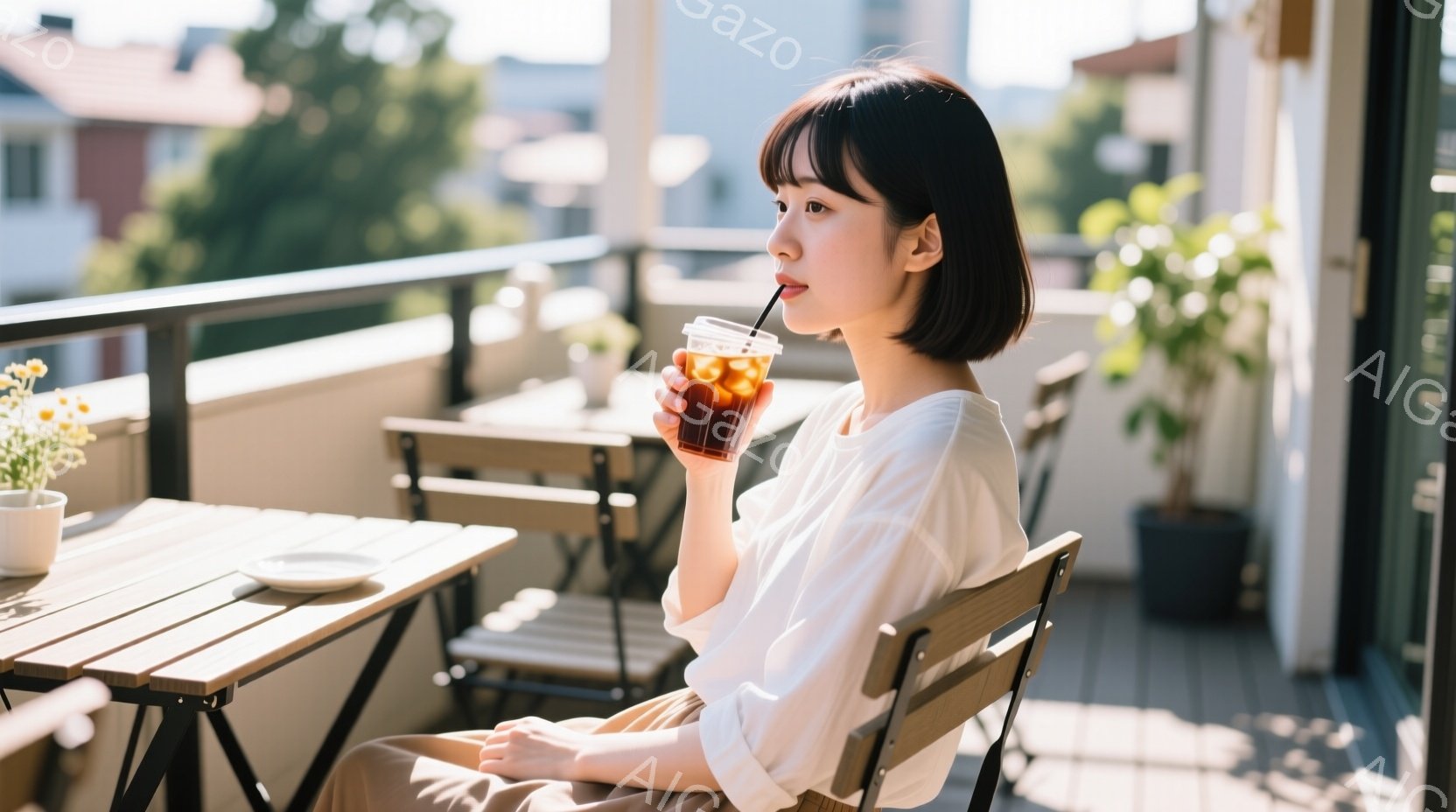 短いボブヘアの女性が、バルコニーの椅子に座り、氷入りの飲み物をストローで飲んでいます。白いTシャツとベージュ色のパンツを身につけ、リラックスした表情で遠くを見つめています。背景には建物や緑が見え、晴れた日の穏やかな雰囲気が漂っています。