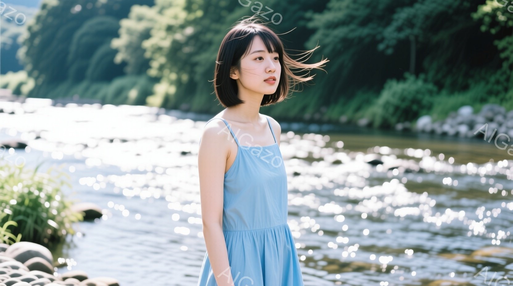 淡い水色のキャミソールワンピースを着た若い女性が、川沿いを横向きに立っている。短い黒髪は風になびき、少し憂いを帯びた表情で遠くを見つめている。背景には緑豊かな山々と、キラキラと輝く川の流れが広がり、穏やかで自然豊かな雰囲気を醸し出している。