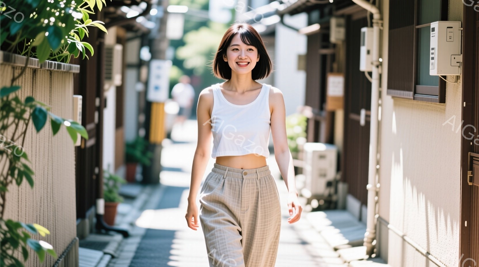 彼女は白いクロップド丈のタンクトップと、ゆるめのベージュ色のパンツを身につけて、石畳の路地を歩いています。髪は短く、前髪が少しサイドに流れており、笑顔でカメラを見ています。背景は日本の古い町並みで、コ - AI生成フリー素材