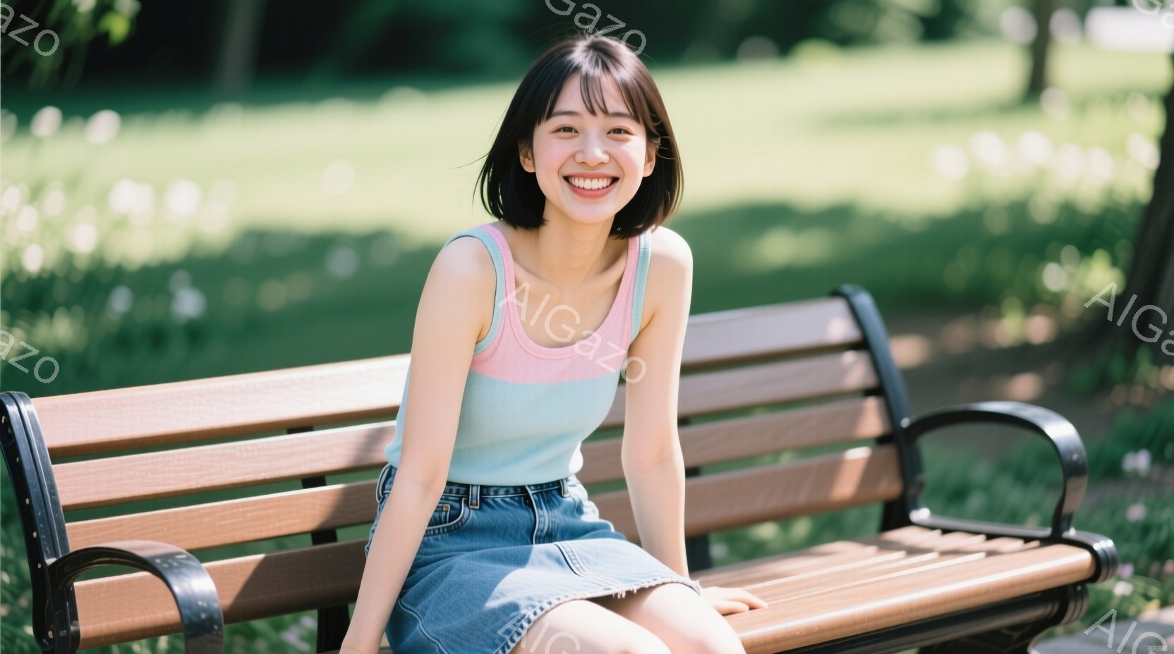 短い黒髪で、前髪は少しふさふさとしていて、明るい笑顔を浮かべた若い女性が描かれています。彼女は水色のタンクトップにデニムのスカートを着用し、公園のベンチに座ってリラックスした様子です。背景には緑豊かな木々がぼやけて見え、晴れた日の穏やかな雰囲気が伝わってきます。