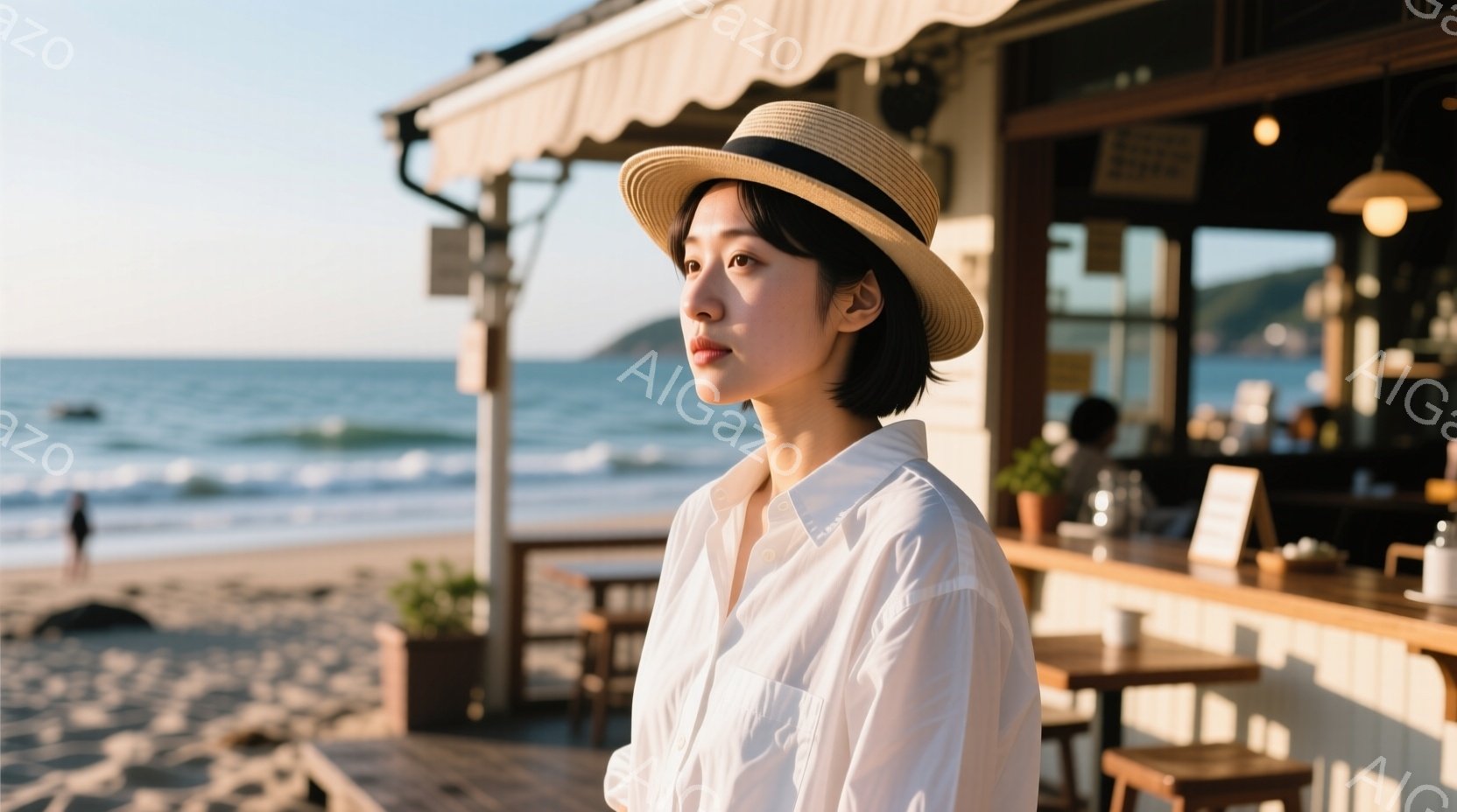 短い髪の女性が白いシャツと麦わら帽子を着用し、横を向いてどこかを見つめています。背景にはビーチと海が見え、木製のデッキにテーブルと椅子が配置されたカフェのような場所で、穏やかでリラックスした雰囲気が漂っています。光が柔らかく差し込み、女性の表情は静かで思慮深く、海辺のカフェで過ごすゆったりとした時間を表現しています。