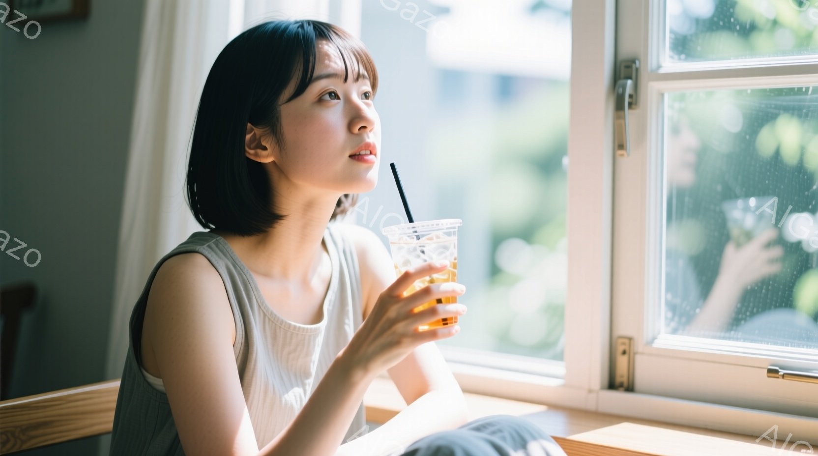 明るい光が差し込む窓辺で、若い女性がアイスティーを飲んでいる。彼女はベージュ色のタンクトップを着ており、短く切りそろえられたダークヘアは肩にかかっている。彼女の表情は穏やかで、少し遠くを見つめ、リラックスした雰囲気が漂っている。