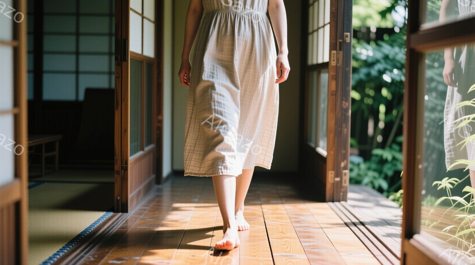 浅いベージュ色のワンピースを着た女性が、木製の床を歩いている。背景には障子戸と緑豊かな庭が見え、日差しが差し込み、穏やかで静謐な雰囲気を醸し出している。素足で歩く姿と庭の緑が、自然との繋がりを感じさせる。