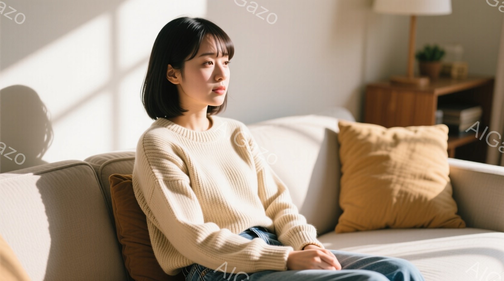 明るい色のセーターを着た若い女性が、ベージュのソファに座って何かを考えているようです。彼女はダークブラウンの短いボブヘアで、少し憂いを含んだ表情をしています。背景には木製のキャビネットと観葉植物があり、全体的に穏やかでリラックスした雰囲気が漂っています。