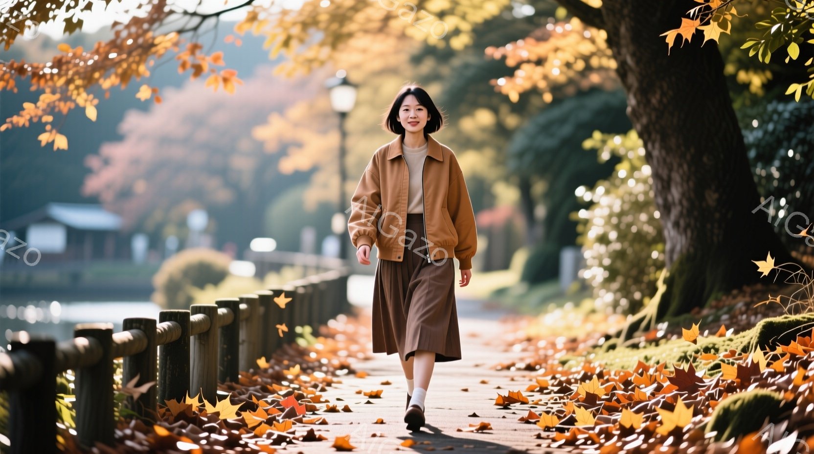 明るい茶色のジャケットとスカートを身につけた女性が、落ち葉が敷き詰められた遊歩道を歩いている。彼女はストレートで艶やかな黒髪で、リラックスした表情で前を見ている。背景には、木々や水辺が見え、秋の穏やか - AI生成フリー素材
