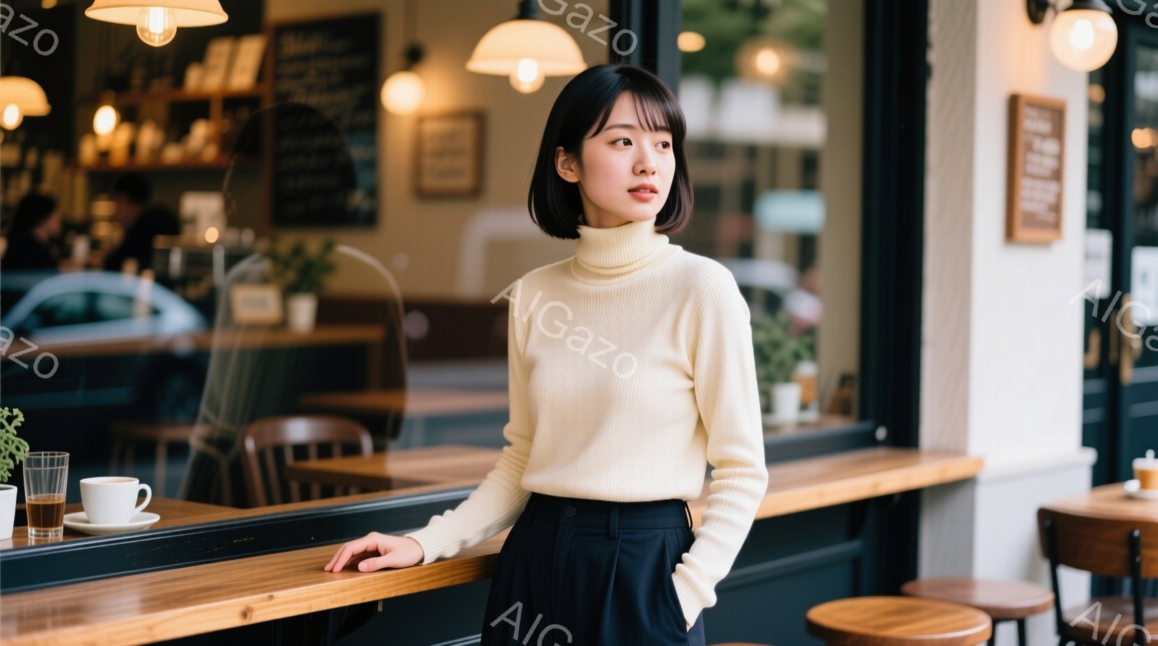 明るいクリーム色のセーターと紺色のパンツを身につけた女性が、カフェの窓際に立っている。彼女は肩までの長さの黒髪で、表情は穏やかで、やや物憂げな様子だ。背景にはカフェの内部が見え、テーブルや椅子が並び、窓の外にはぼやけた街並みが広がっている。