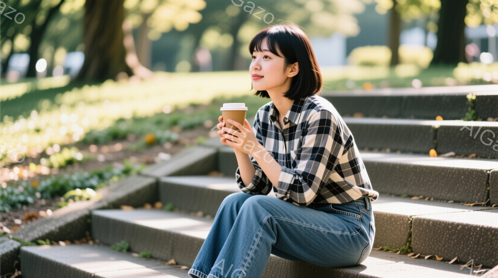 若い女性が石段に座り、片手に紙コップを持っています。彼女は白と黒のチェック柄シャツとジーンズを着ており、短くダークなヘアスタイルをしています。背景には緑豊かな植物と木々が見え、晴れた日の穏やかな雰囲気が漂っています。