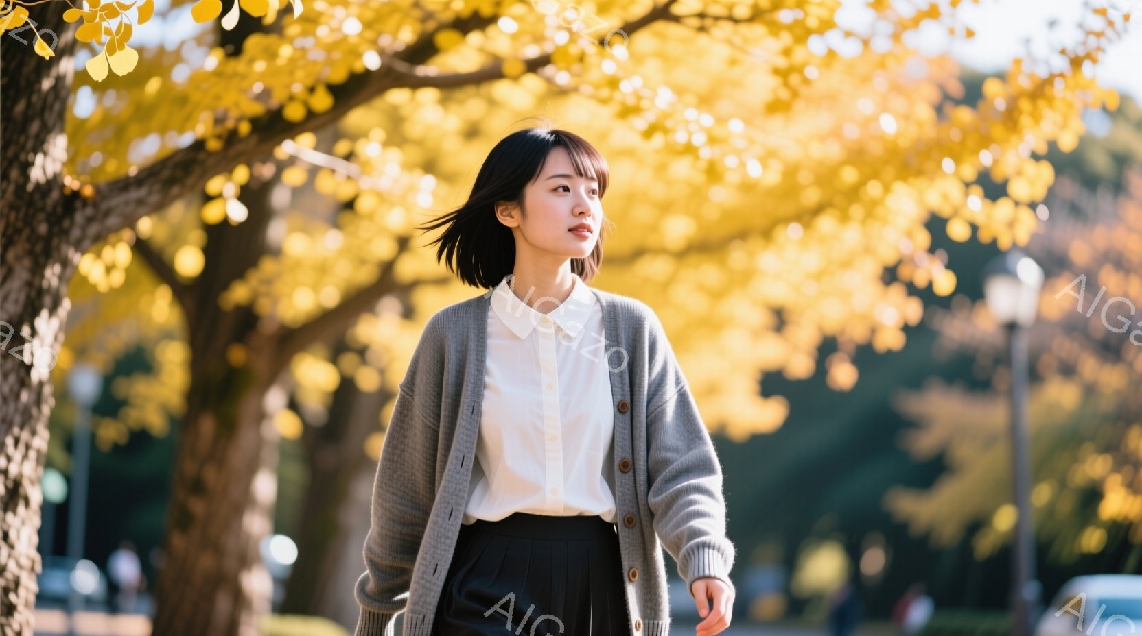 ショートヘアの女性が、白のシャツにグレーのカーディガン、黒のパンツ姿で、公園を歩いている。彼女は少し上を見上げており、表情は穏やかで、どこか考え込んでいるようにも見える。背景には鮮やかな黄色のイチョウの木々と緑の木々が広がり、晴れた日の穏やかな秋の雰囲気を醸し出している。