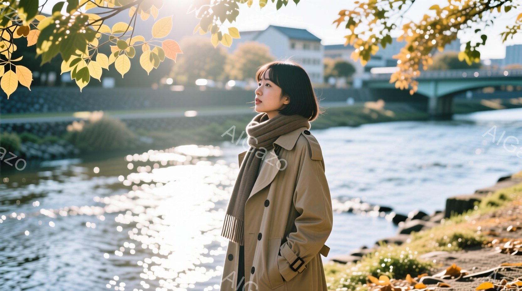 トレンチコートを着て、スカーフを巻いた若い女性が、川沿いを歩いているように見える。彼女は少し横を向き、遠くを見つめるような表情をしており、髪は短くダークトーンで、自然なカールがかかっている。背景には穏やかな川と、秋の紅葉、そして遠くに見える建物があり、全体的に穏やかで物憂げな秋の雰囲気を醸し出している。