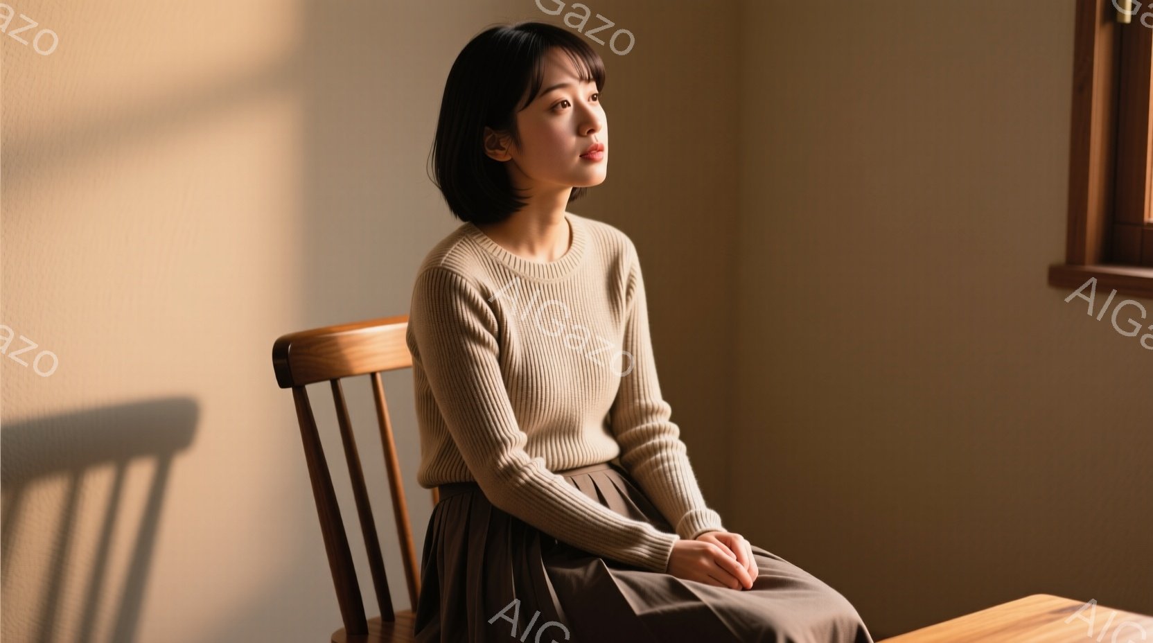 彼女はベージュのニットセーターとダークブラウンのプリーツスカートを身につけ、椅子に座って何かを考えているようです。短めのダークブラウンヘアは耳にかかっており、少し物憂げな表情をしています。背景はクリーム色の壁で、自然光が差し込み、静かで落ち着いた雰囲気が漂っています。