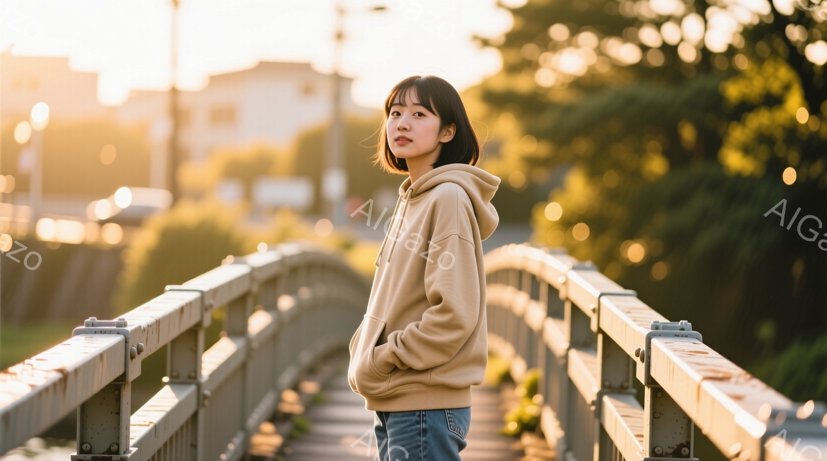 薄茶色のパーカーとデニムを着用した若い女性が、金属製の橋の上に立っている。彼女は少し前かがみになり、片手をポケットに入れている。背景にはぼやけた建物と木々が見え、夕暮れ時の柔らかい光が全体を包み込み、穏やかでノスタルジックな雰囲気を醸し出している。