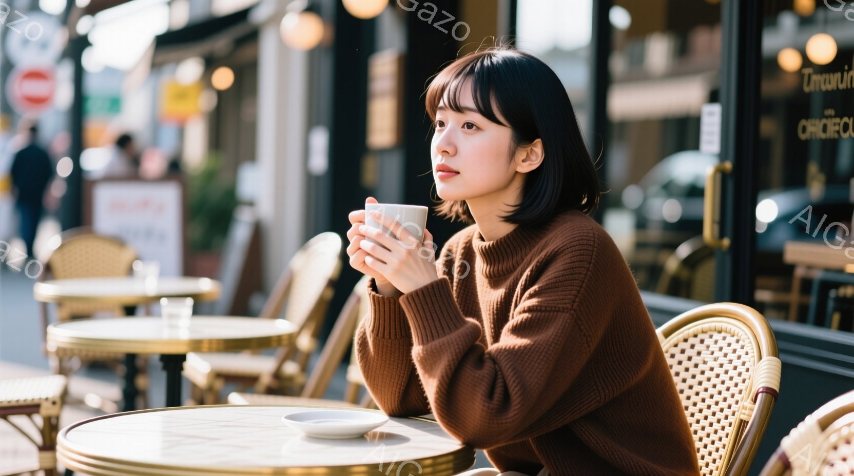 茶色いニットセーターを着た若い女性がカフェの屋外席に座っており、カップを両手で抱えて何かを考えているようです。彼女はダークブラウンのショートヘアで、少し物憂げな表情をしています。背景にはカフェの窓、他の席、そしてぼんやりと見える街並みがあり、穏やかな日差しが差し込んでいます。