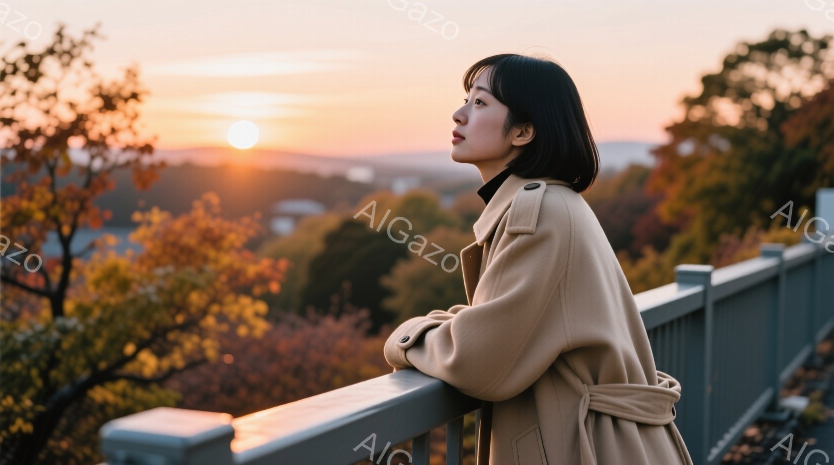 浅いベージュ色のトレンチコートを羽織った女性が、手すりに寄りかかり、遠くを見つめている。彼女は黒髪のショートボブで、どこか物憂げな表情を浮かべている。背景には、夕焼けに照らされた山の風景が広がり、秋の紅葉が美しい。