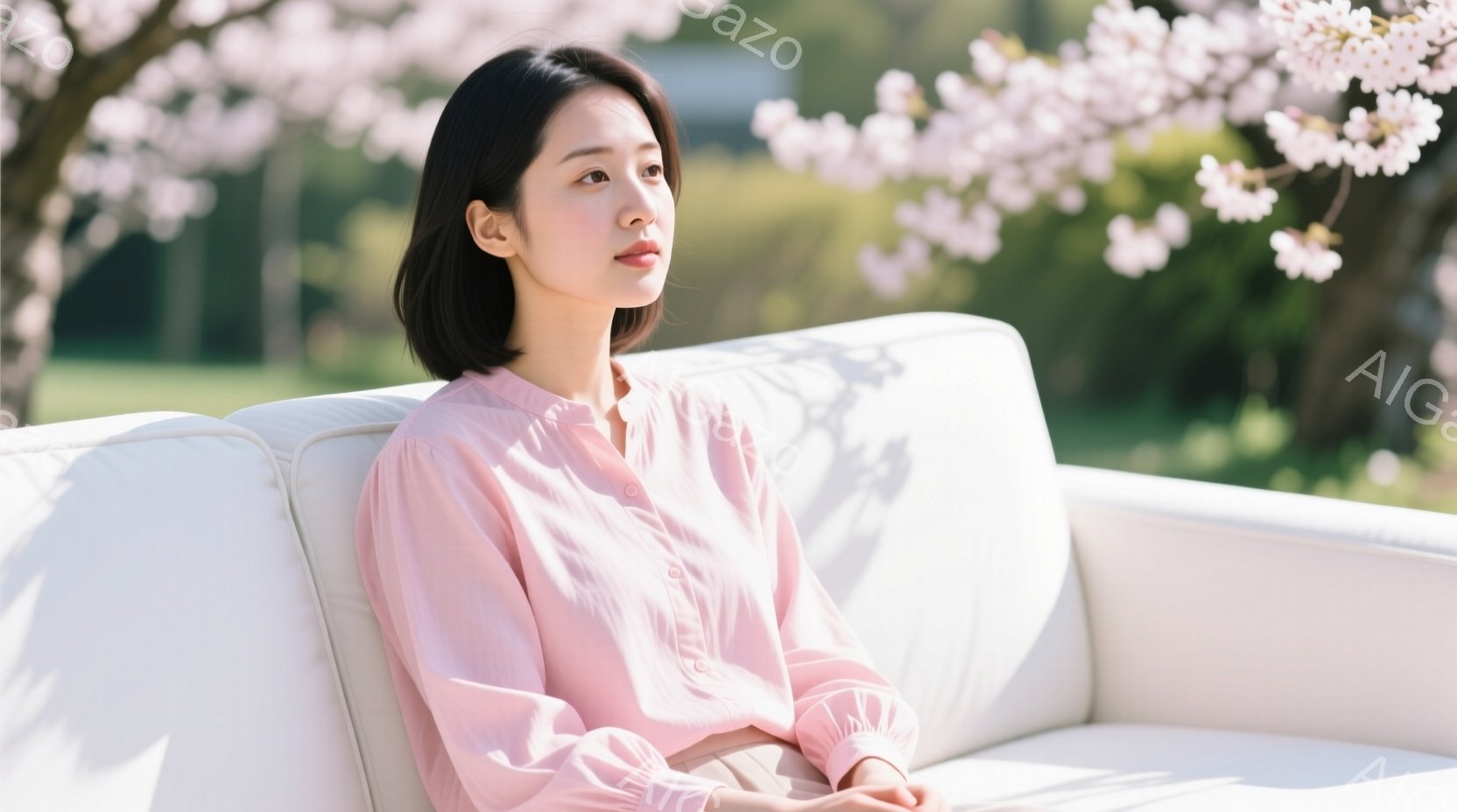 ショートヘアの女性が、淡いピンク色のブラウスを着て白いソファに座っています。彼女は少し上目遣いで、穏やかな表情を浮かべており、リラックスした雰囲気です。背景には、桜の花が咲き誇る木々と緑の芝生があり、春の暖かな日差しが感じられます。
