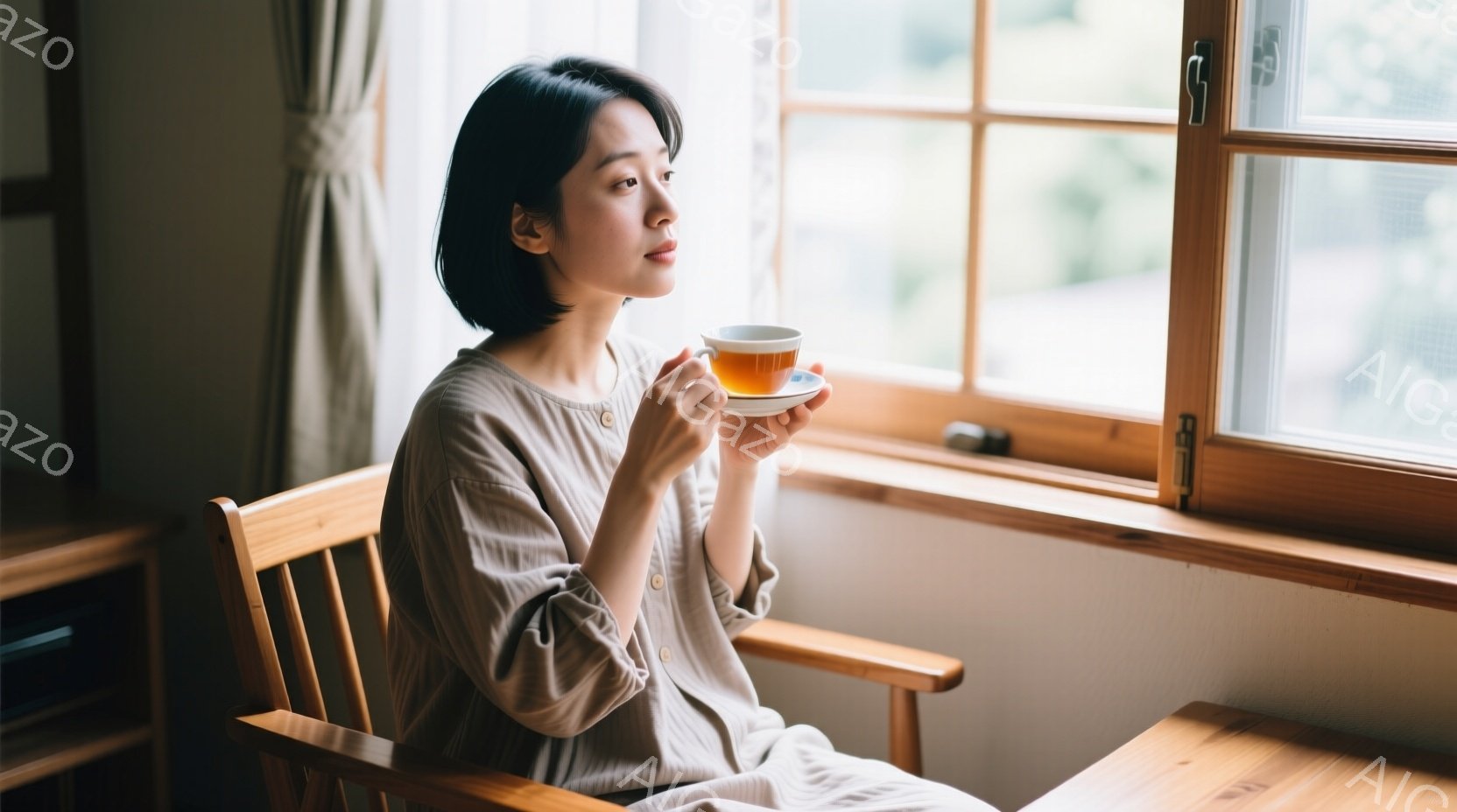 窓辺に座る女性が、湯気の立つカップを手に持っている。ベージュ色のゆったりとしたシャツを着ており、短めのボブヘアが印象的だ。穏やかな表情で、リラックスした雰囲気が漂っている。 - AI生成フリー素材
