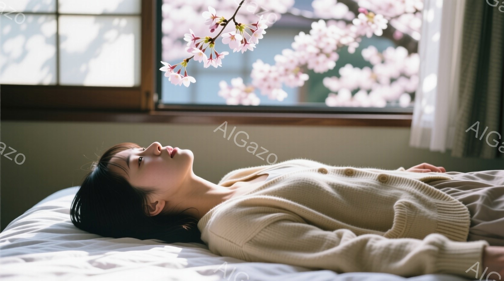 浅いクリーム色のカーディガンを着た若い女性がベッドに横たわっています。黒髪で、顔は穏やかで目を閉じています。窓の外には桜が咲き乱れ、柔らかい光が差し込み、平和で静謐な雰囲気を醸し出しています。