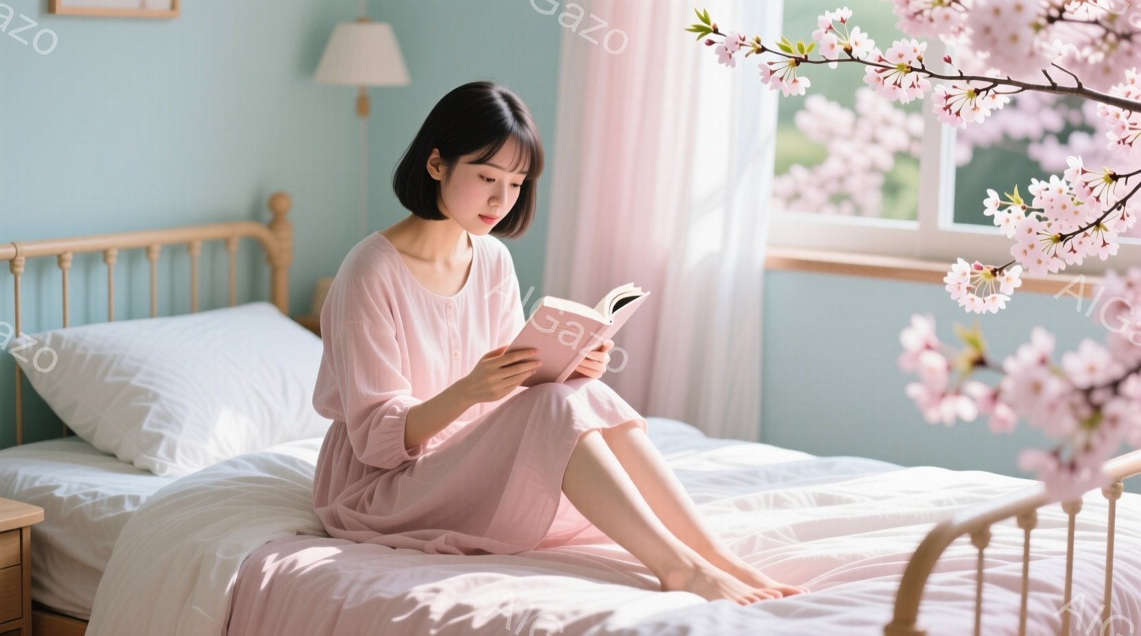 明るい部屋の中で、若い女性がベッドに座って本を読んでいます。彼女は薄いピンク色のワンピースを着ており、ダークブラウンのショートヘアです。窓の外には桜の木が見え、室内には穏やかで優しい雰囲気が漂っています。