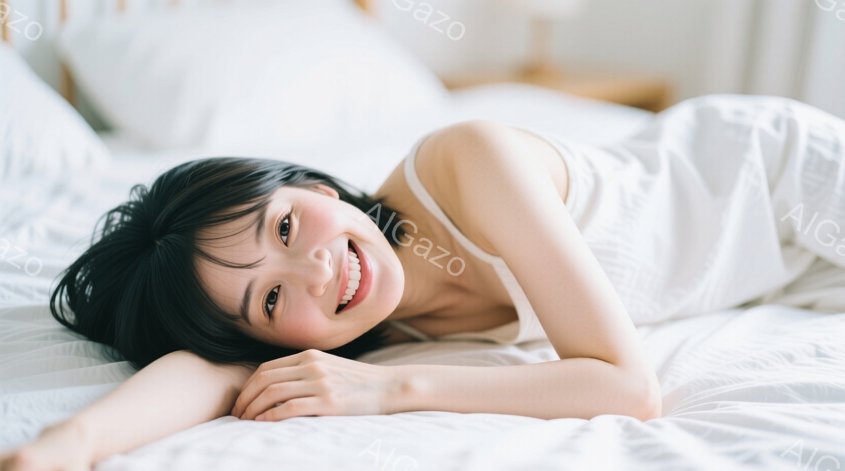 若い女性が白いベッドの上で仰向けに横たわっており、白いタンクトップを着ています。彼女は微笑んでおり、髪は黒くてストレートで、顔の横に落ちています。背景は白く、穏やかでリラックスした雰囲気です。