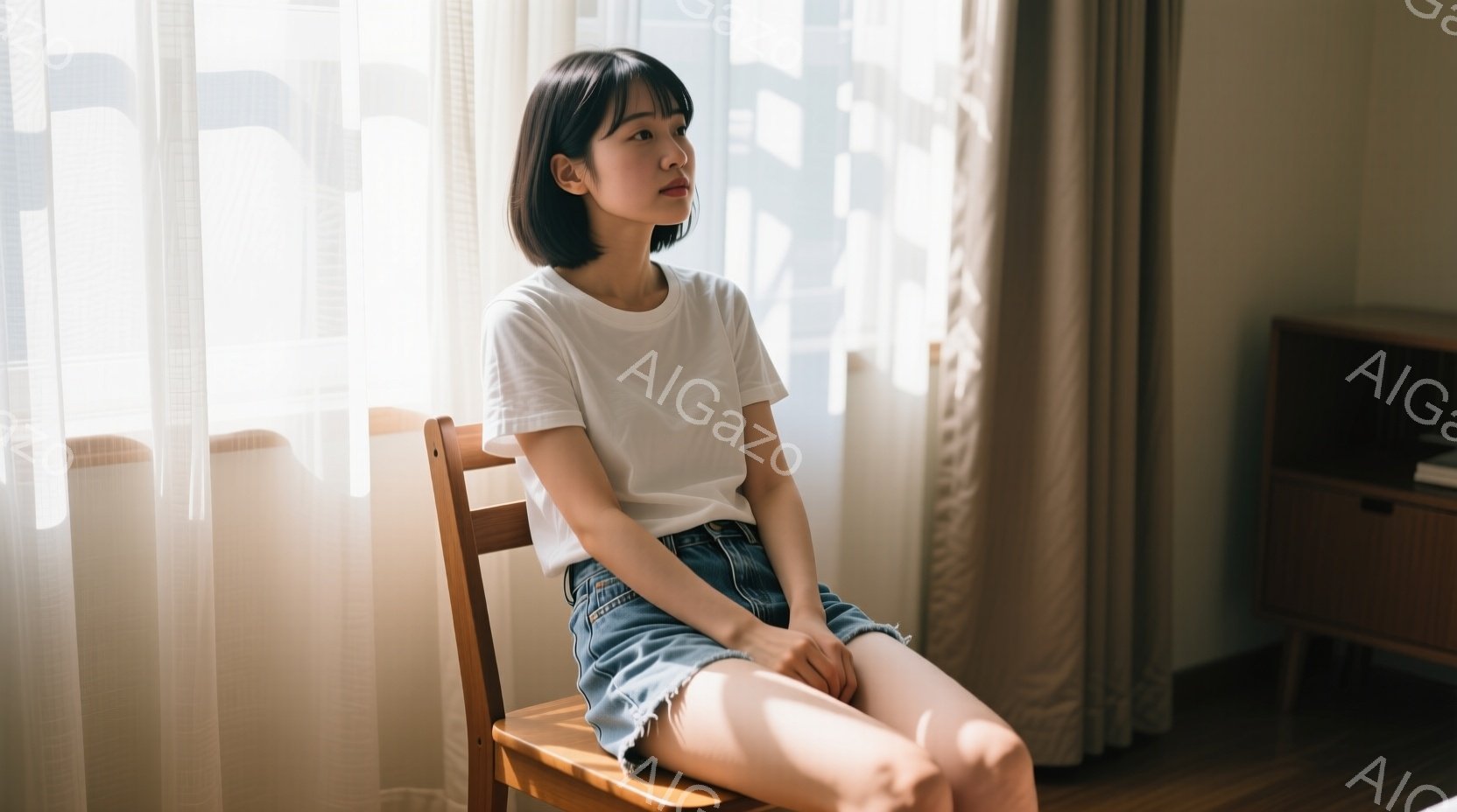 短い髪の女性が木の椅子に座り、白いTシャツとデニムのショートパンツを着ています。彼女はリラックスした姿勢で、少し物憂げな表情をしています。背景には白いカーテンと木製のキャビネットがあり、柔らかい光が差し込み、穏やかな雰囲気を醸し出しています。