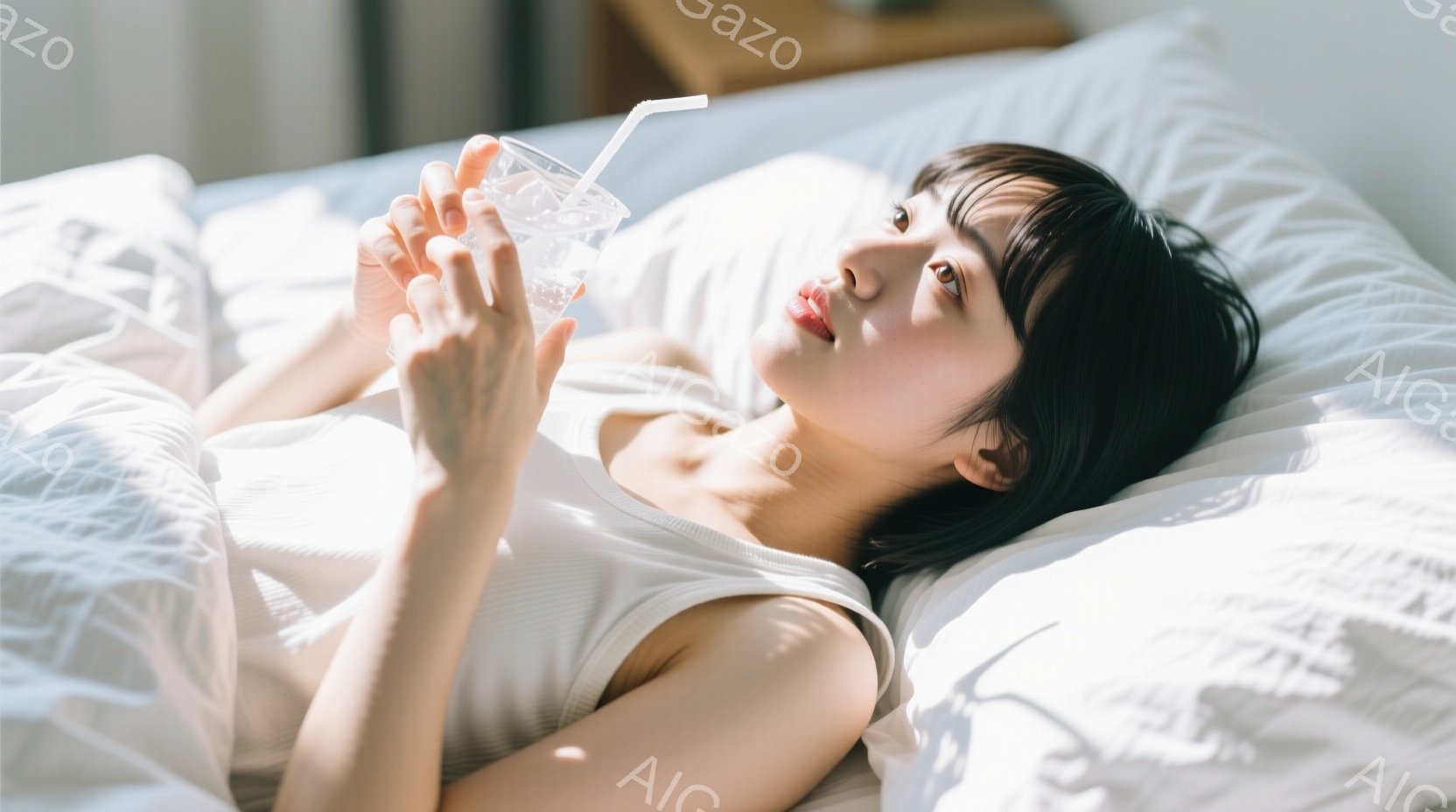 ベッドに横たわる女性は、白いタンクトップを着て、ダークブラウンのボブヘアをしています。彼女はグラスに入った飲み物（おそらく水）を片手に持ち、リラックスした表情で天井を見上げています。背景には明るい日差 - AI生成フリー素材