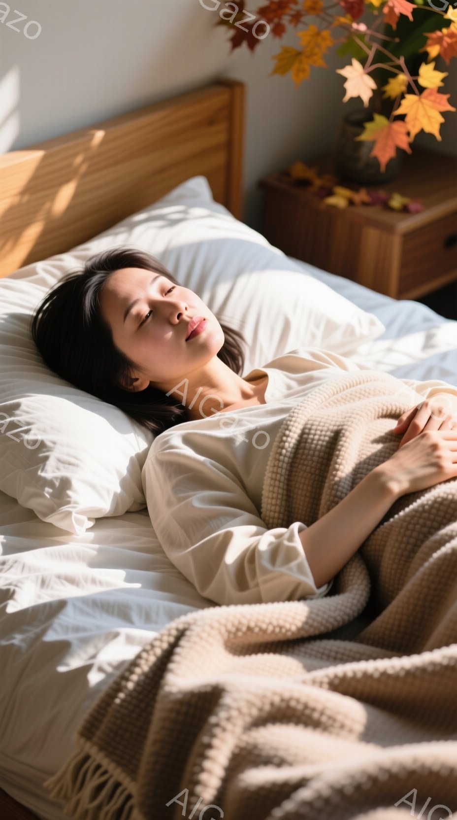 長い黒髪を横に広げ、白いシャツを着た女性がベッドに横たわっています。穏やかな表情で目を閉じ、リラックスした様子が伺えます。背景には木製のナイトテーブルと、オレンジや黄色の葉が活けられた花瓶が置かれ、温 - AI生成フリー素材