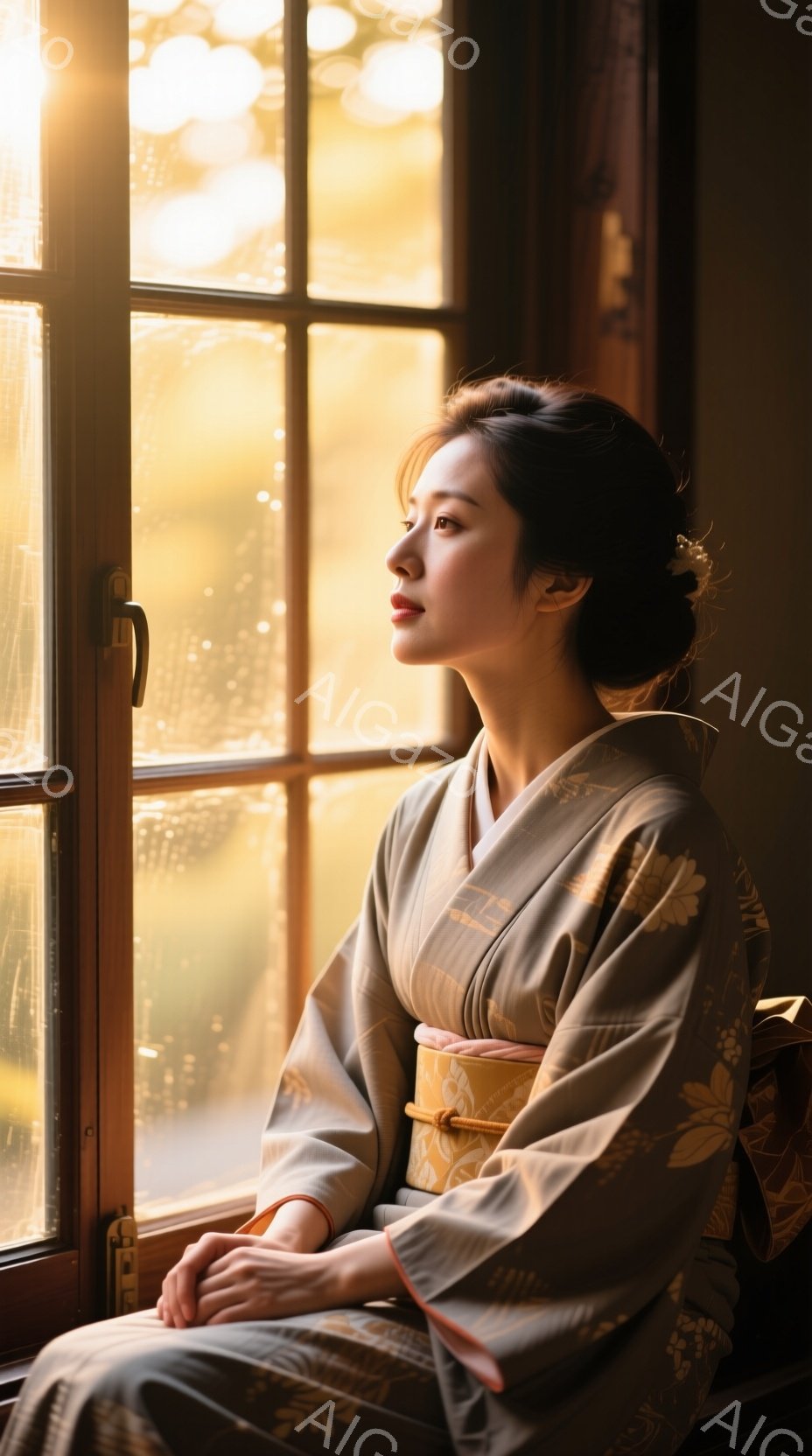 浅黄色の着物を着た女性が、窓の外を物憂げに見つめている。髪は後ろでまとめられ、かすみ色の帯が締まっています。窓の外にはぼやけた自然が見え、暖かい光が差し込み、静かで瞑想的な雰囲気を醸し出しています。